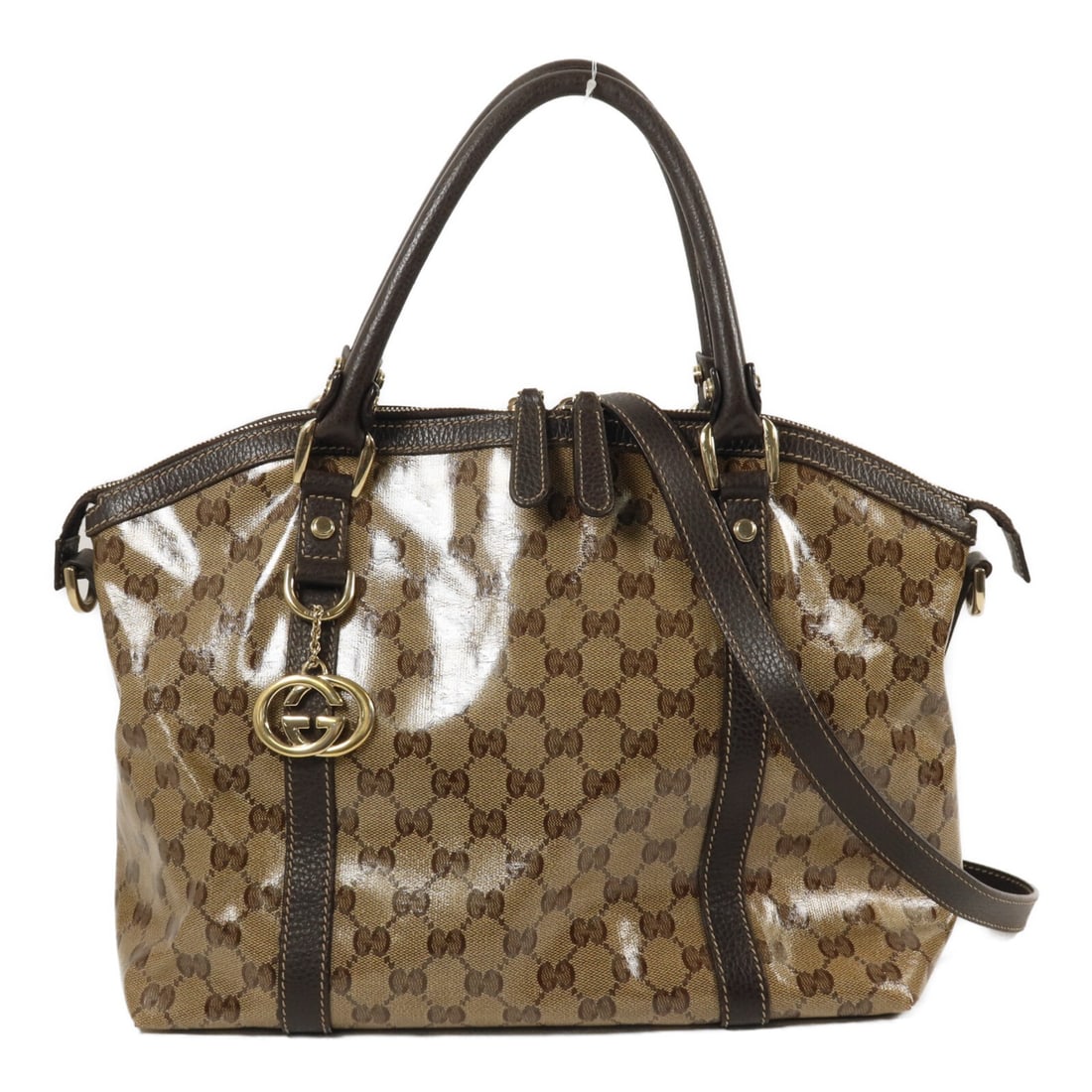Gucci 341503 GG Coated Canvas 2 Way Shoulder Bag Brown: Gucci 341503 GG Coated Canvas 2 Way Shoulder Bag Brown GUCCI GG 2-way shoulder bag in brown PVC coated canvas, model 341503. It features a shoulder strap and a practical interior layout with two open 