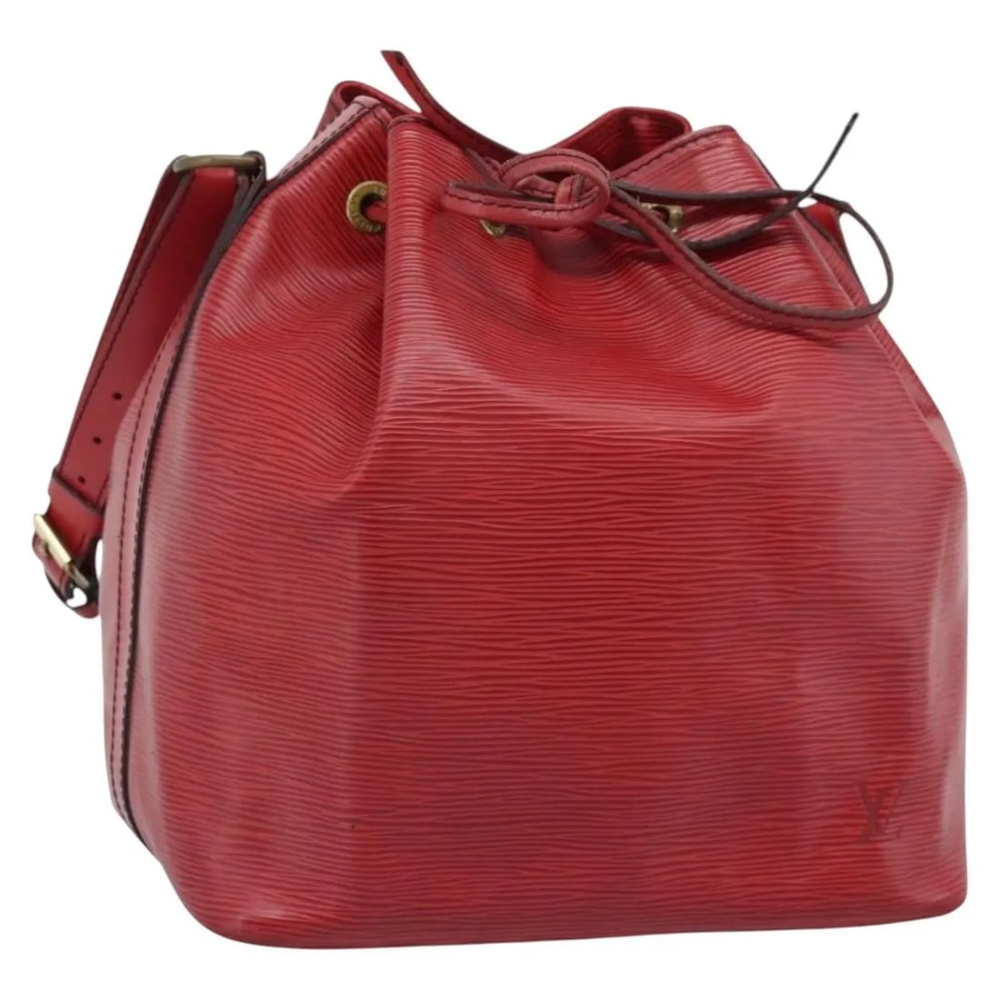 Louis Vuitton Petit Noe red leather shoulder bag: Louis Vuitton Petit Noe red leather shoulder bag Louis Vuitton Petit Noe bag in red leather. This pre-owned piece shows fair condition with visible wear consistent with use and storage, including an o
