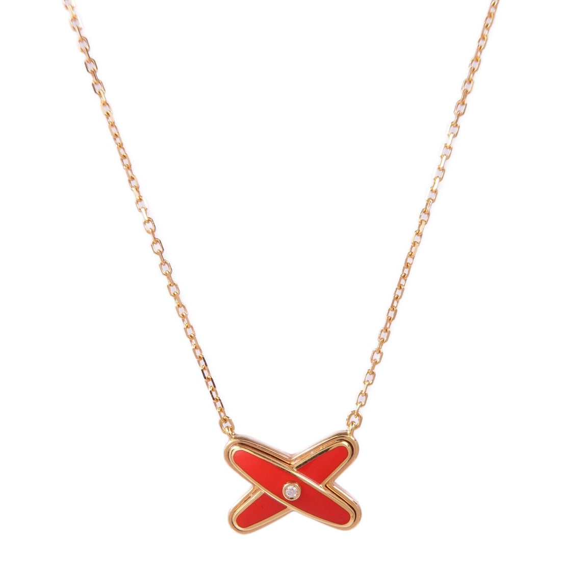 Chaumet Jeux de Liens 18K Pink Gold Necklace with Carnelian and Diamond: Chaumet Jeux de Liens 18K Pink Gold Necklace with Carnelian and Diamond A Chaumet Jeux de Liens pendant necklace featuring carnelian, diamond, and 18K pink gold. The piece is described as a women's re