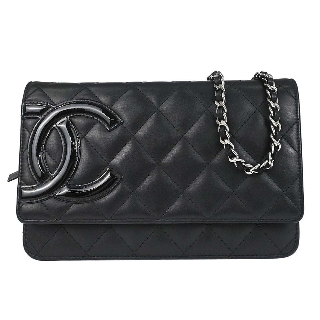 CHANEL Cambon Ligne WOC Calfskin Wallet Shoulder Bag Black: CHANEL Cambon Ligne WOC Calfskin Wallet Shoulder Bag Black Chanel wallet on chain shoulder bag in black calfskin and patent leather, designed for women. It features a folding design and a chain strap 