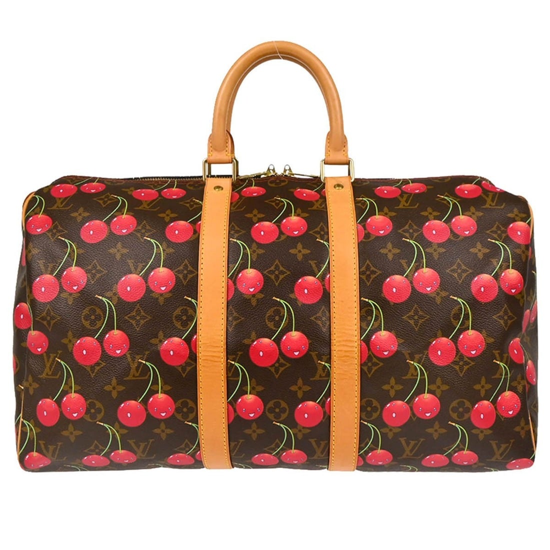 Louis Vuitton Keepall 45 Monogram Cherry Travel Duffle M95011: Louis Vuitton Keepall 45 Monogram Cherry Travel Duffle M95011 Vintage Louis Vuitton Keepall 45 duffle handbag in brown Monogram canvas with leather trim and double handles. This extra-large travel bag
