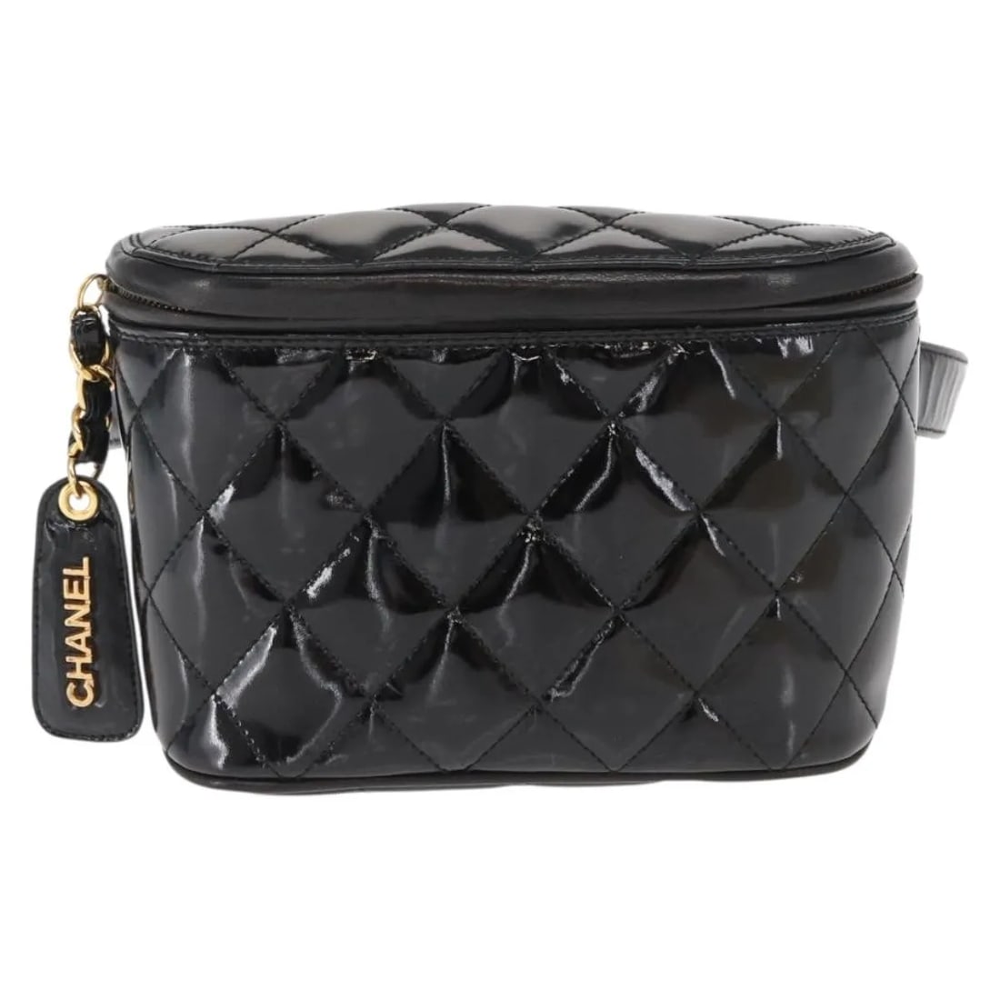 Chanel Patent Leather Quilted Waist Zip Bag Vintage Style: Chanel Patent Leather Quilted Waist Zip Bag Vintage Style This vintage Chanel zip belt bag for women features a quilted black patent leather exterior. Designed as a waist bag, it offers a compact and 