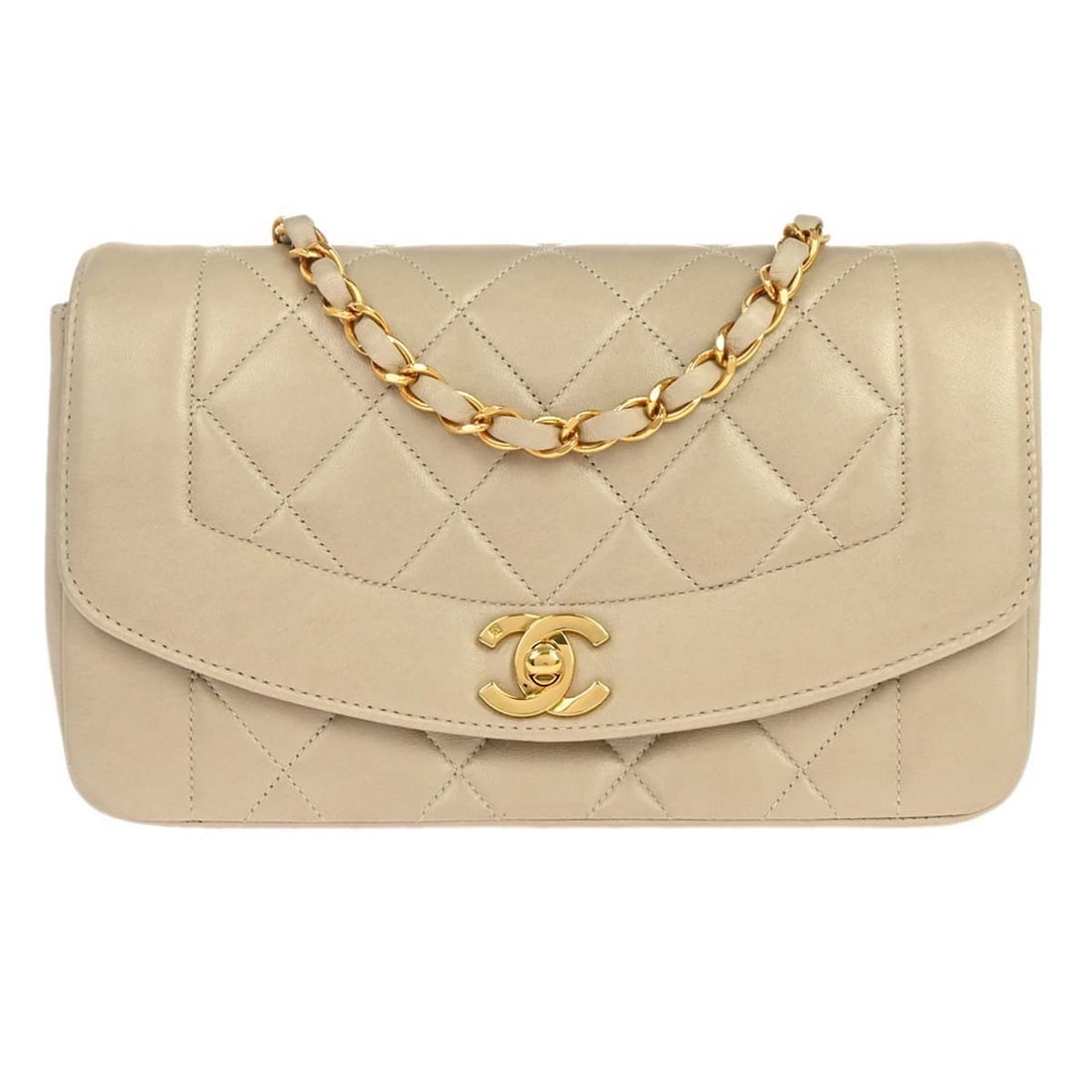 CHANEL Diana Small Beige Lambskin Shoulder Bag: CHANEL Diana Small Beige Lambskin Shoulder Bag Chanel Small Diana Shoulder Bag in beige lambskin with a canvas lining. It features a shoulder strap, pockets, and is made in France. The bag is describe