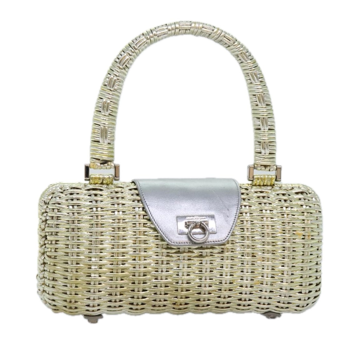 Salvatore Ferragamo Gancini Rattan Handbag Silver Gold Dust Bag: Salvatore Ferragamo Gancini Rattan Handbag Silver Gold Dust Bag Salvatore Ferragamo Gancini hand bag in rattan with a silver and gold exterior color. Made in Italy, this women's handbag measures appro