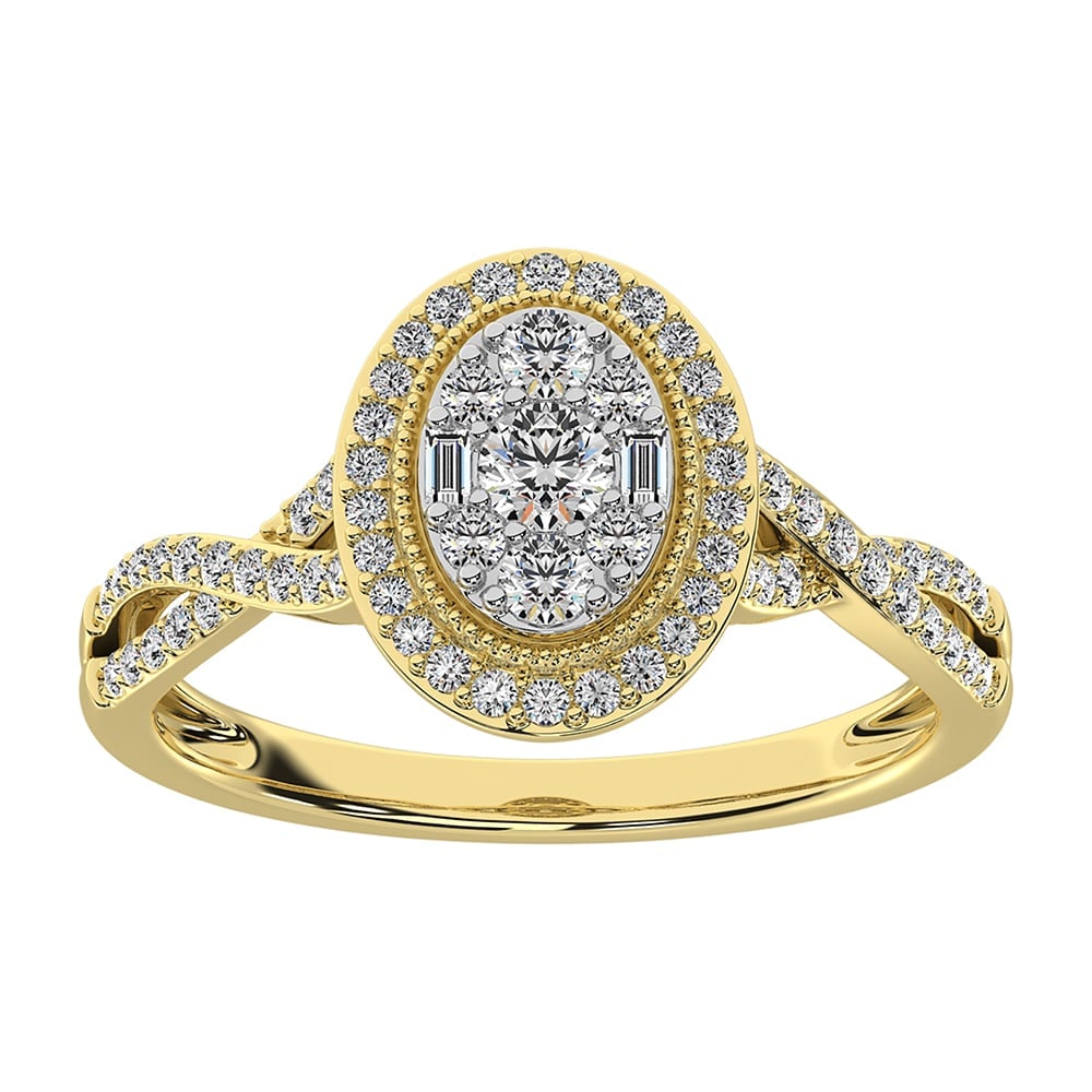 14K Yellow Gold 1/2 Ct.Tw. Diamond Round and Baguette Oval Shape Engagement Ring: 14K Yellow Gold 1/2 Ct.Tw. Diamond Round and Baguette Oval Shape Engagement Ring 14k Yellow Gold Stone Color: G-h Stone Clarity: I1 Each ring is presented in standard size 6.5. Complimentary resizing 