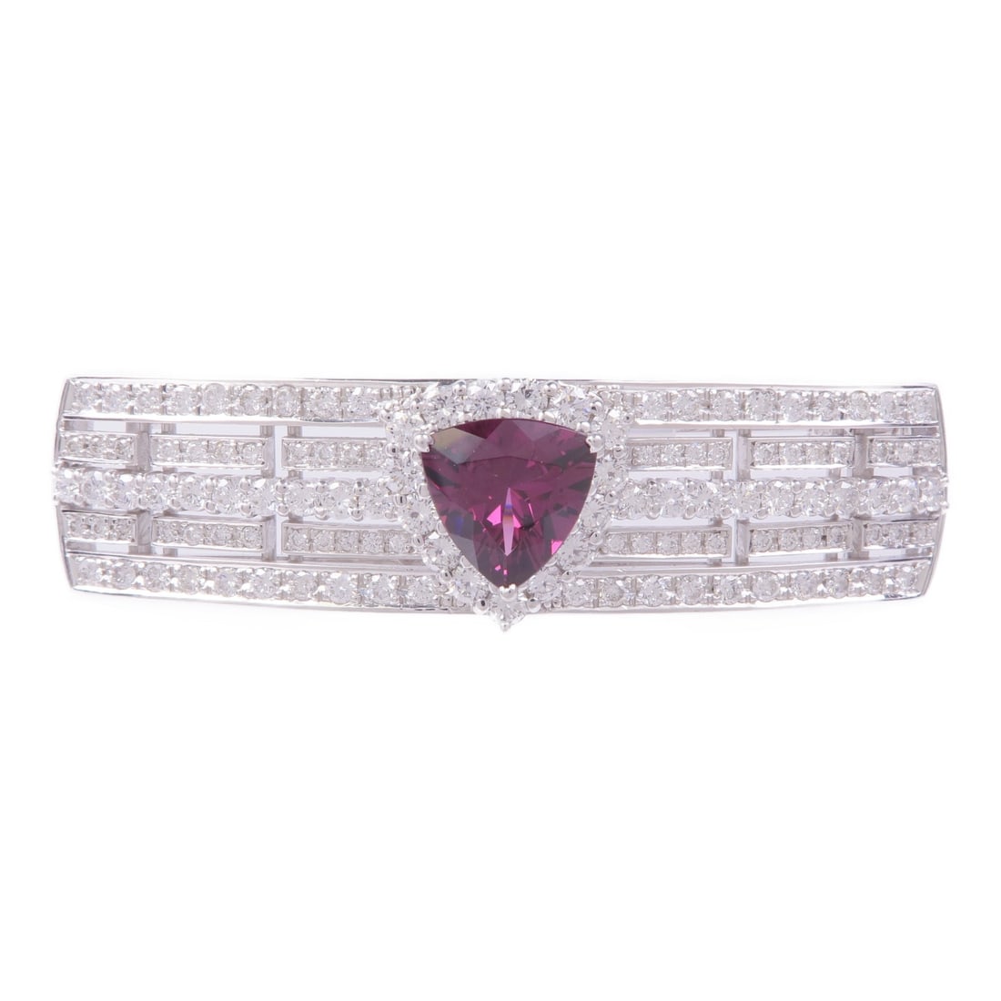 18K White Gold Brooch with Garnet and Diamond: 18K White Gold Brooch with Garnet and Diamond A women's brooch in K18WG white gold with garnet and diamond accents. The piece is finished in red and clear tones and is presented in very good AB condit