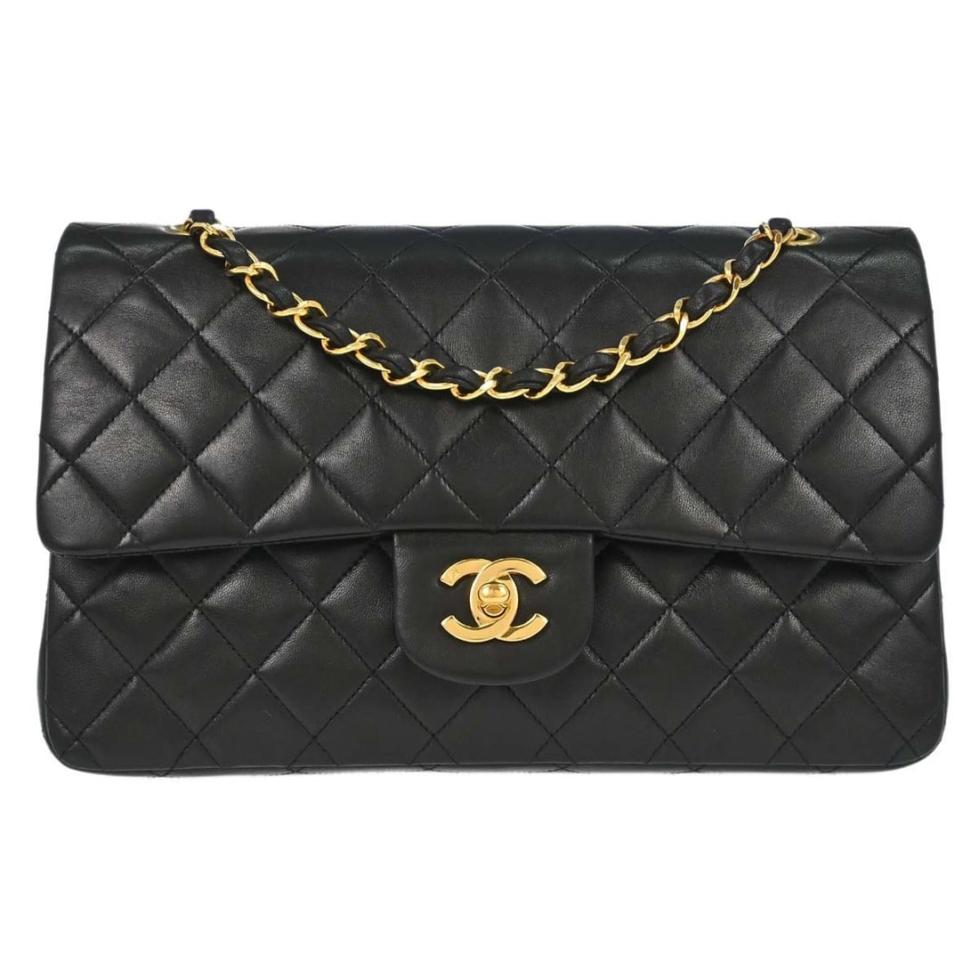 CHANEL Classic Double Flap Medium Shoulder Bag Black Lambskin: CHANEL Classic Double Flap Medium Shoulder Bag Black Lambskin This Chanel Medium Classic Double Flap Shoulder Bag is crafted in black lambskin leather and features a turn-lock closure with a shoulder 
