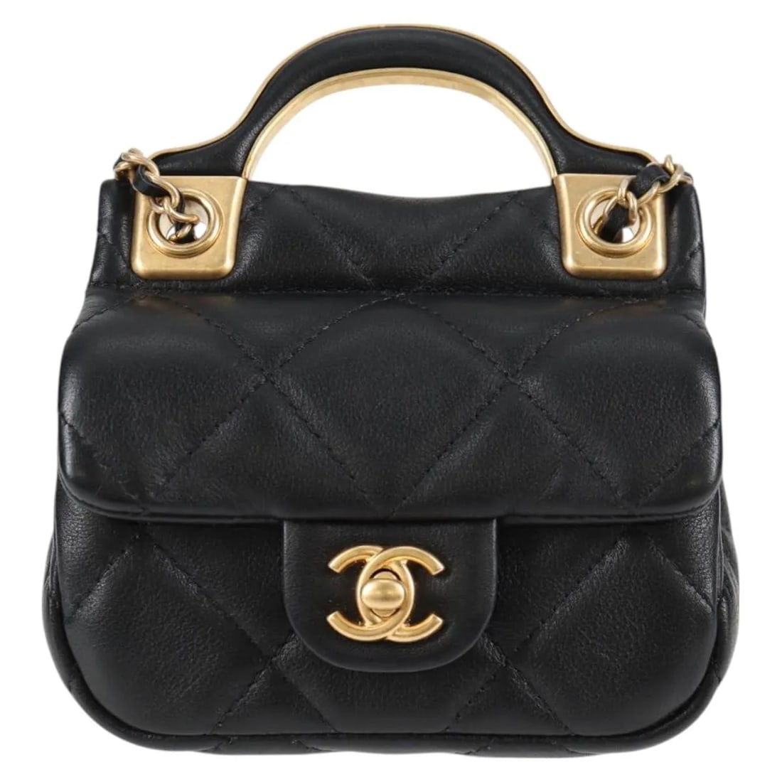 Chanel Lady Handle Quilted Calfskin Leather Card Holder with Chain: Chanel Lady Handle Quilted Calfskin Leather Card Holder with Chain This Chanel Lady Handle Flap Card Holder on Chain is crafted from black quilted calfskin leather. It features a compact design suitab