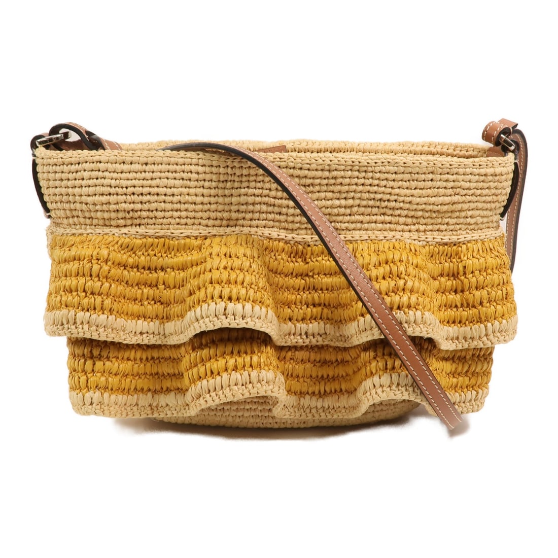 LOEWE Paulas Ibiza Ruffle Pochette Raffia Calfskin Shoulder Bag: LOEWE Paulas Ibiza Ruffle Pochette Raffia Calfskin Shoulder Bag LOEWE Paula's Ibiza ruffle pochette shoulder bag in brown and yellow, made from raffia and calfskin (cowhide). It features a shoulder st