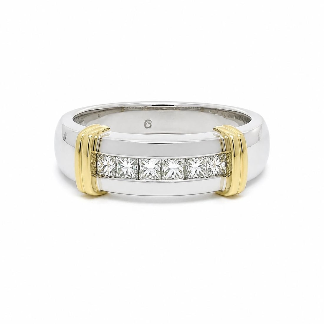 14k Yellow Gold Platinum Band Ring with 6 Princess Diamonds: 14k Yellow Gold Platinum Band Ring with 6 Princess Diamonds This men's heavy band ring features six natural princess-cut diamonds channel set across the top, totaling 0.62 carats. The diamonds are gra