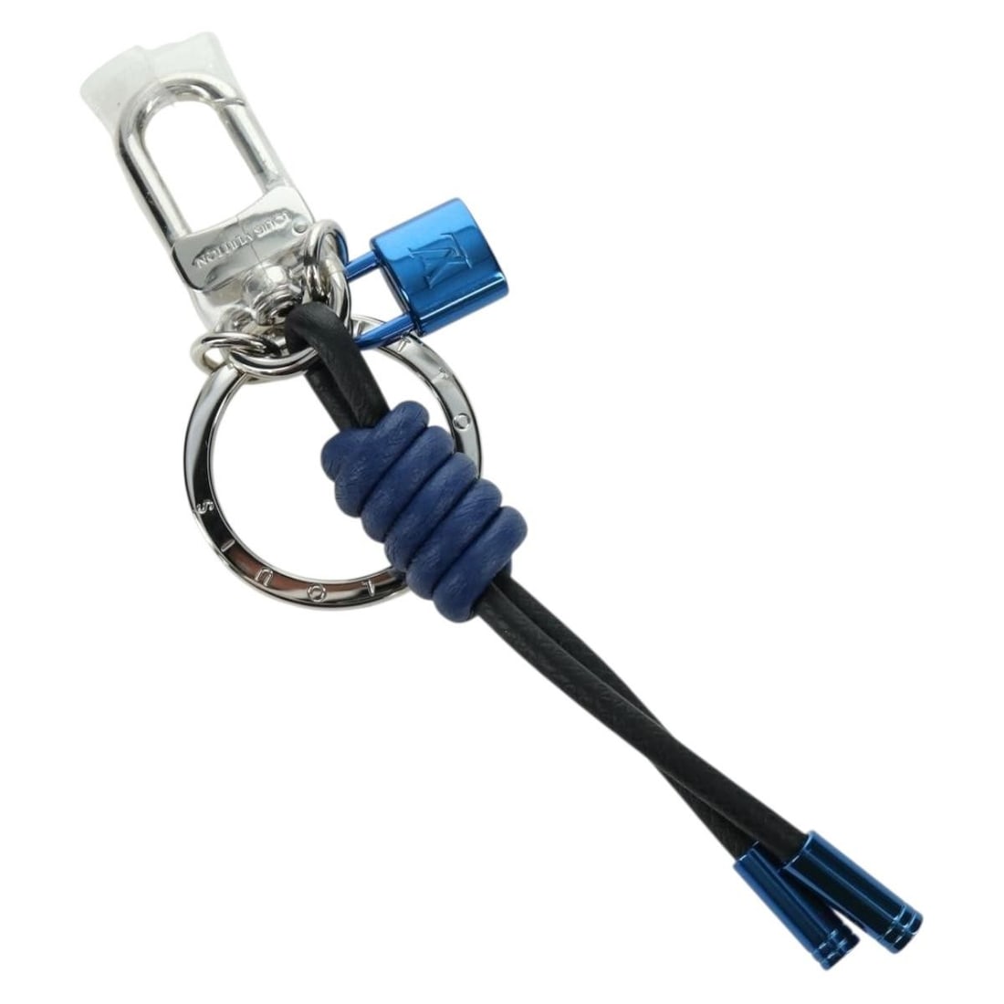 Louis Vuitton blue leather knot lock charm M61713: Louis Vuitton blue leather knot lock charm M61713 This Louis Vuitton Porte Cles Knot Lock Charm is crafted from blue leather and features a sleek, contemporary design. Made in Italy, the charm measure