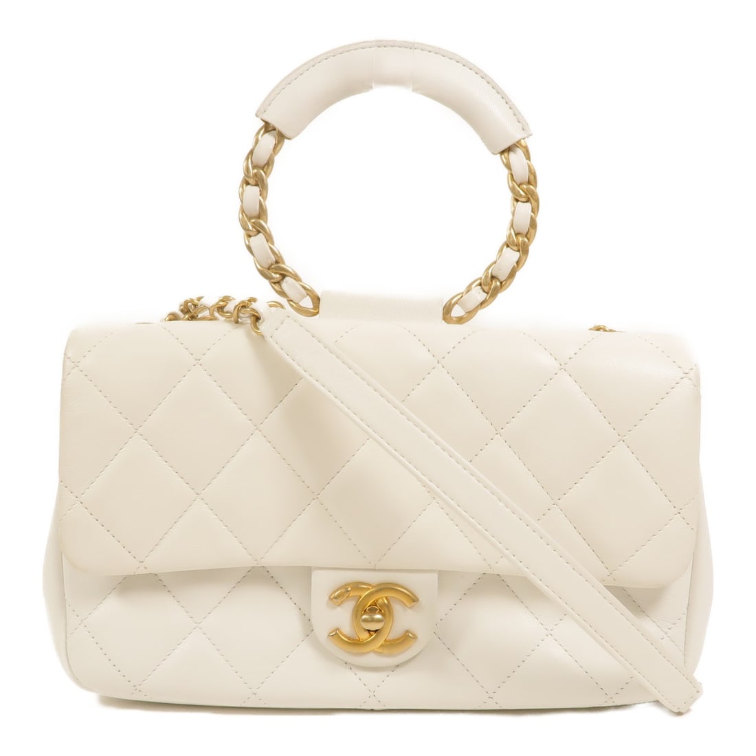 CHANEL In The Loop Medium 2 Way Shoulder Bag AS1917 White Calfskin: CHANEL In The Loop Medium 2 Way Shoulder Bag AS1917 White Calfskin CHANEL CC GHW In The Loop Medium 2 Way Chain Shoulder Bag in white calfskin (cowhide). It features a turn-lock closure, one outside m