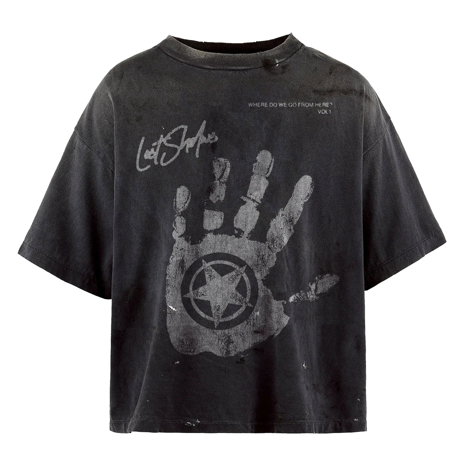 Distressed Washed Black Tee with Handprint and Star Graphic Lost Shdws: Distressed Washed Black Tee with Handprint and Star Graphic Lost Shdws This washed black tee features a distressed handprint graphic intertwined with a star emblem on the front and cryptic text detail