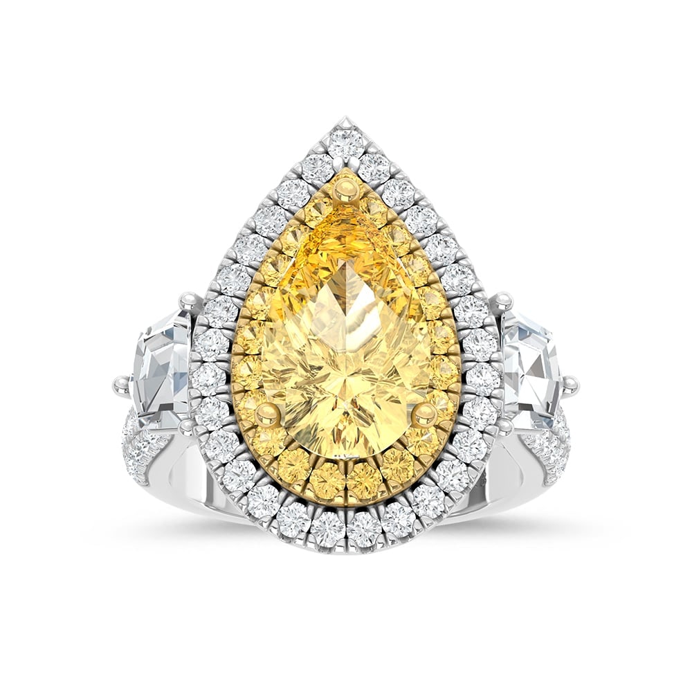 14K Two Tone Gold Lab Grown Diamond 6 1/6 Ct.Tw. Yellow Pear Engagement Ring (Center 4ct): 14K Two Tone Gold Lab Grown Diamond 6 1/6 Ct.Tw. Yellow Pear Engagement Ring (Center 4ct) Celebrate timeless elegance with this 14K Two-Tone Gold Engagement Ring, featuring a stunning 4-carat lab-grow