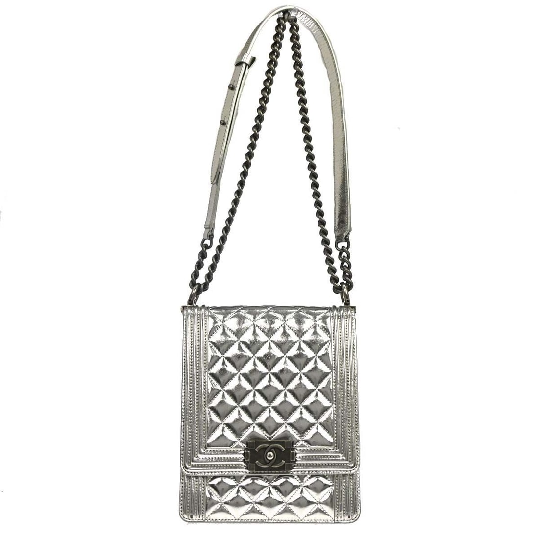 CHANEL Boy North South Quilted Goatskin Shoulder Bag Silver: CHANEL Boy North South Quilted Goatskin Shoulder Bag Silver This Chanel Boy shoulder bag is crafted from silver goatskin with a quilted finish and a North South square shape. It features a push lock c