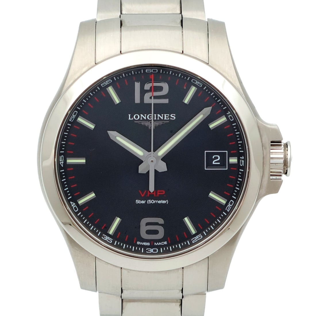 LONGINES L37164566 Conquest V.H.P mens quartz wristwatch black steel: LONGINES L37164566 Conquest V.H.P mens quartz wristwatch black steel Longines Conquest V.H.P quartz wristwatch for men in stainless steel with a black dial and black frame color. It features a date di