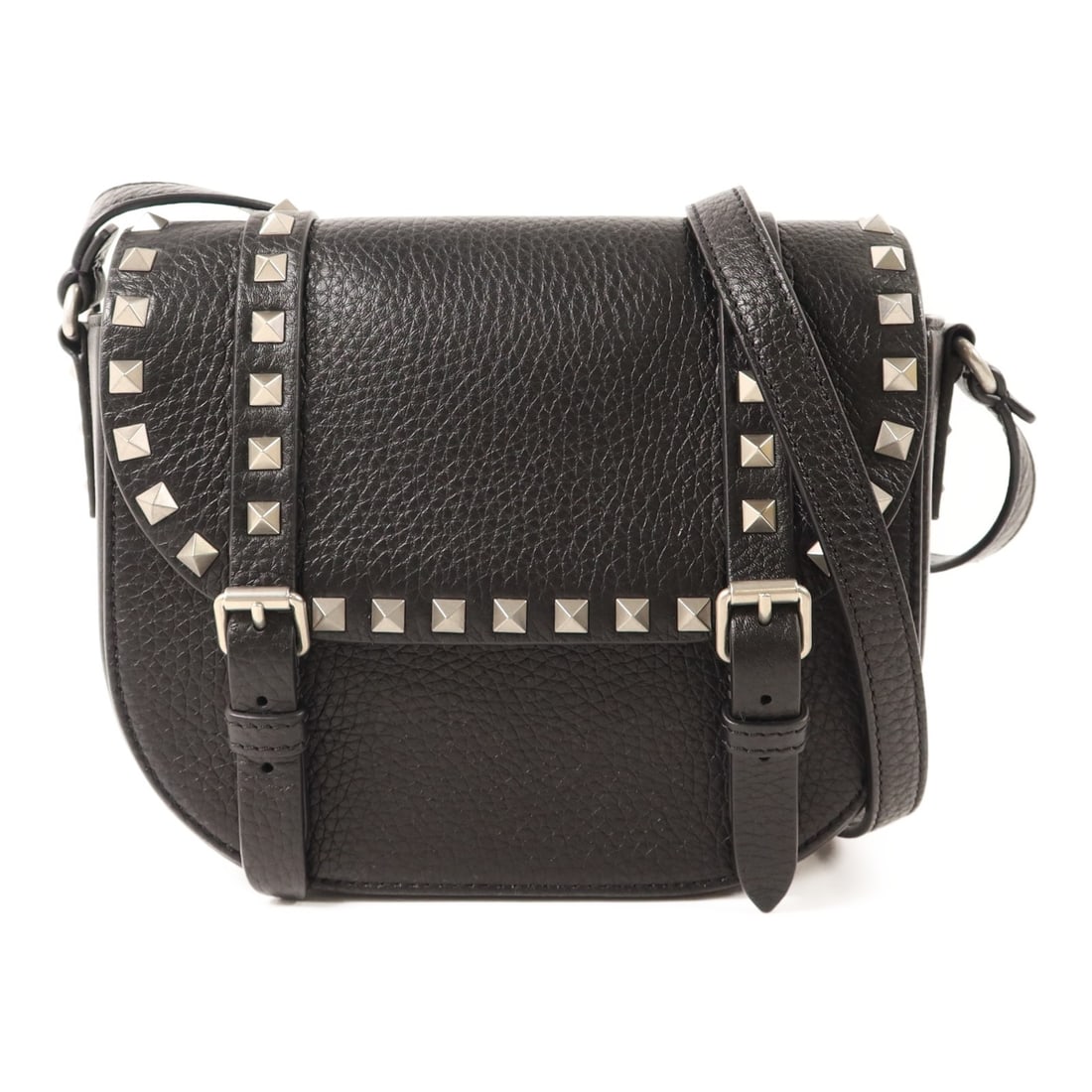 Valentino Rockstud Black Calfskin Shoulder Bag with Silver Tone Hardware: Valentino Rockstud Black Calfskin Shoulder Bag with Silver Tone Hardware Valentino Rockstud messenger shoulder bag in black calfskin (cowhide) leather. This women's regular-size shoulder bag features 