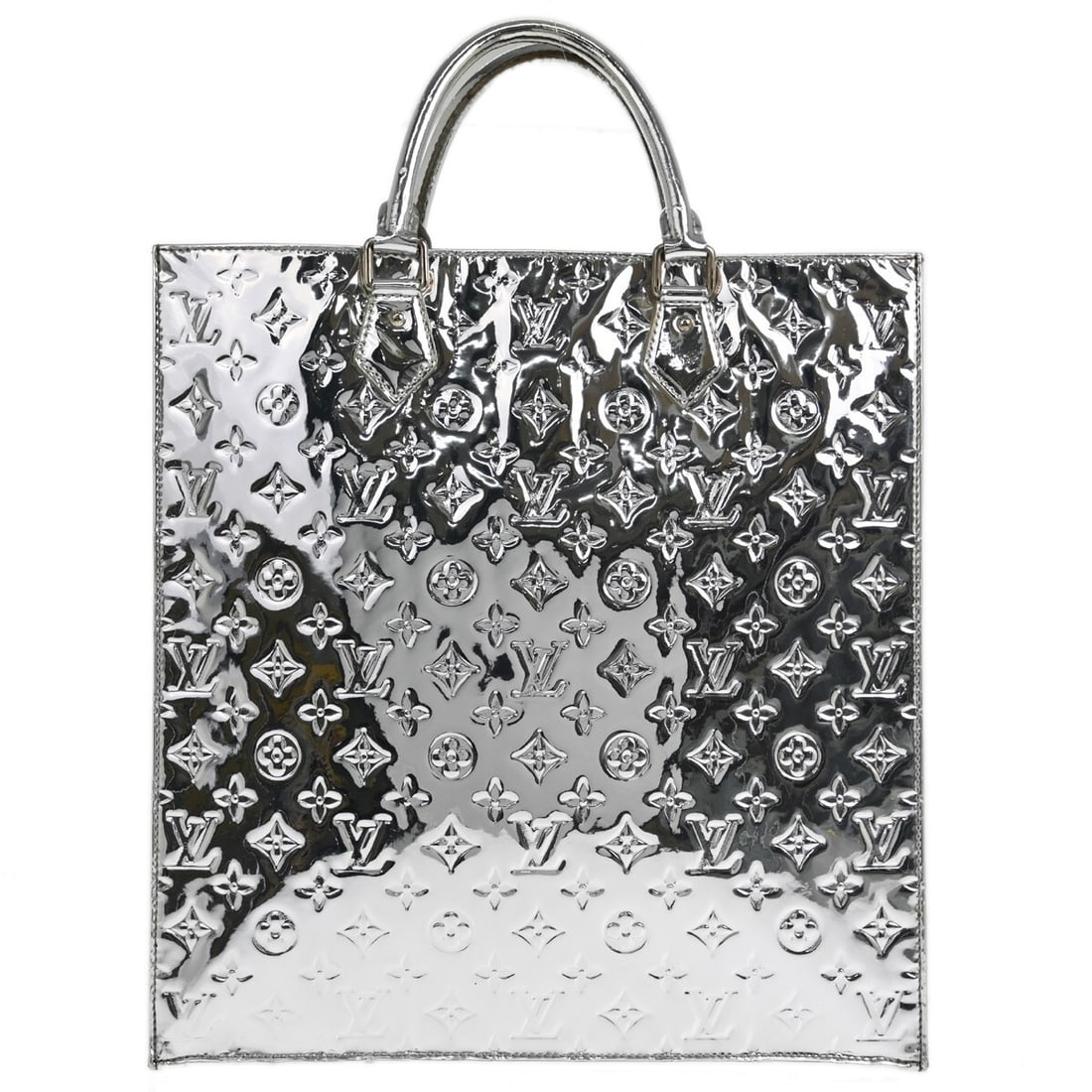 Louis Vuitton Sac Plat Silver Monogram Miroir Handbag M40269: Louis Vuitton Sac Plat Silver Monogram Miroir Handbag M40269 Louis Vuitton Sac Plat handbag in silver Monogram Miroir vinyl with double handles and a zip closure. The interior is lined in canvas and i