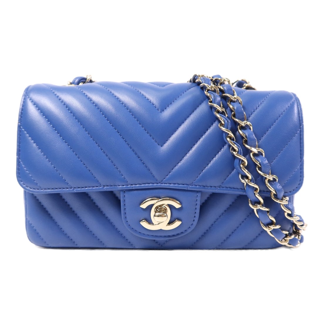 CHANEL Mini Classic 20 Blue Calfskin Chain Shoulder Bag SHW: CHANEL Mini Classic 20 Blue Calfskin Chain Shoulder Bag SHW CHANEL Mini Classic 20 chain shoulder bag in blue calfskin leather with a blue frame color. It features a turn lock closure, one open interi