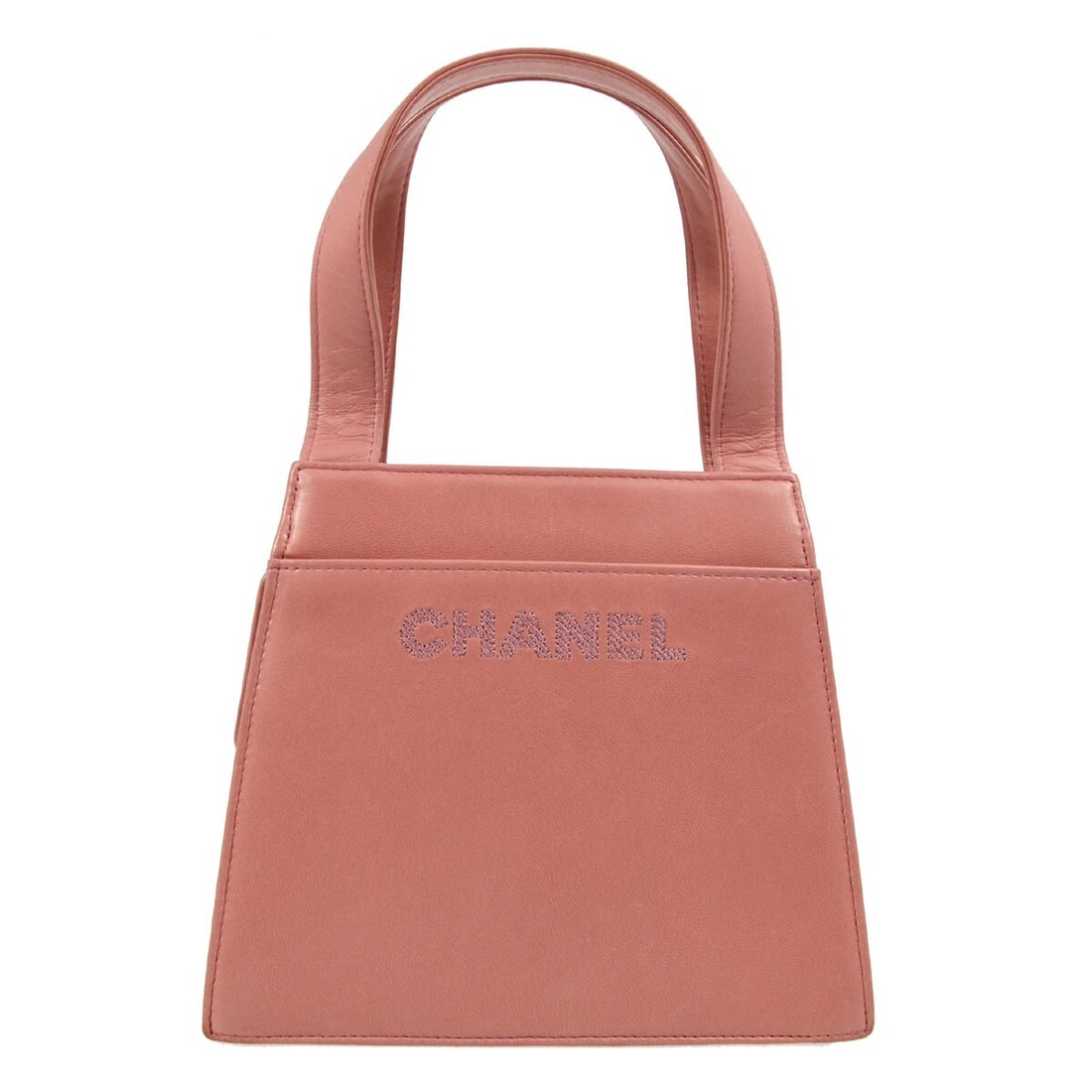 CHANEL Small Pink Lambskin Top Handle Bag France: CHANEL Small Pink Lambskin Top Handle Bag France Small Chanel top handle handbag in pink lambskin leather with double handles and a zip closure. The bag is made in France and includes a serial sticker