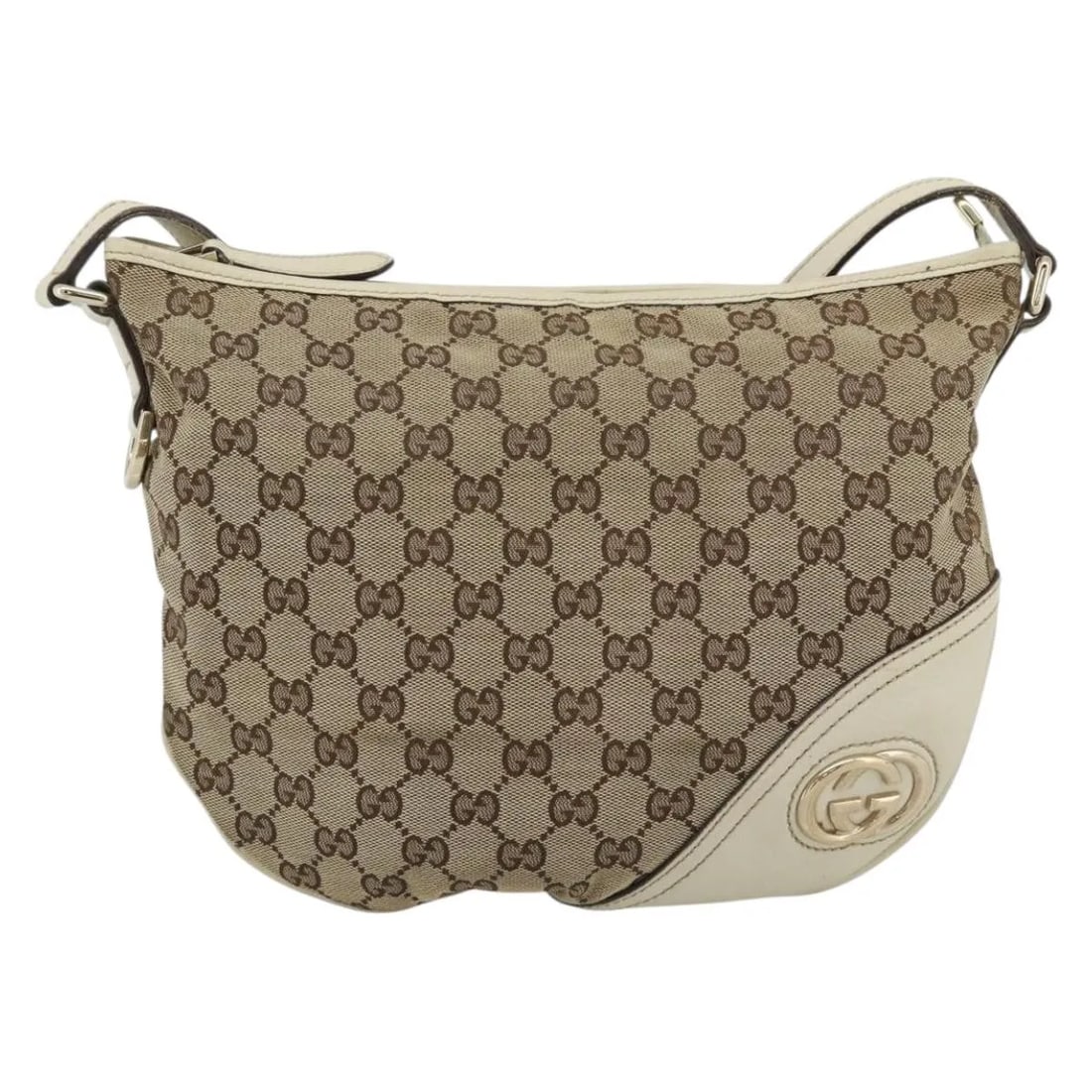Gucci Britt Half Moon Hobo Bag Beige Canvas White Leather: Gucci Britt Half Moon Hobo Bag Beige Canvas White Leather Gucci Britt Half Moon Hobo bag in GG canvas with white leather trim. Designed for women, it is presented in beige and measures 5 cm x 23 cm x 