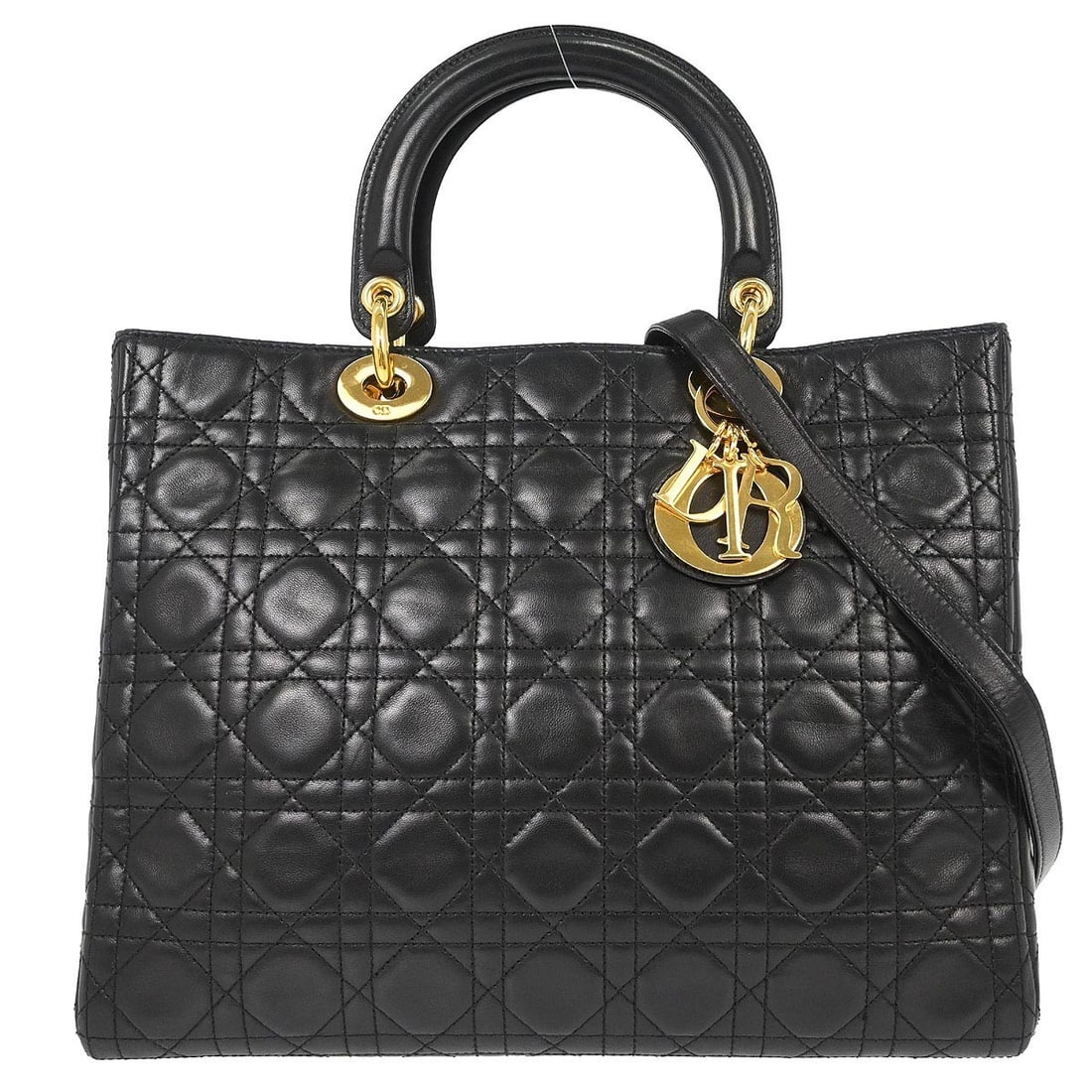 Dior Lady Dior Cannage Black Lambskin 2 Way Satchel: Dior Lady Dior Cannage Black Lambskin 2 Way Satchel Christian Dior Lady Dior Cannage 2-way handbag in black lambskin with quilted detailing. This satchel-style top handle bag features double handles, 