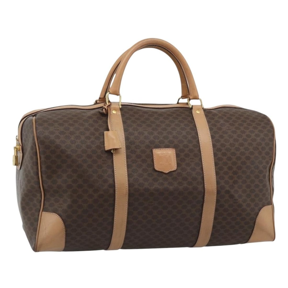 CELINE Macadam Boston Bag Brown PVC Leather with Padlock Key Clochette: CELINE Macadam Boston Bag Brown PVC Leather with Padlock Key Clochette Celine Macadam canvas Boston bag in brown with gold-tone accents, crafted with PVC leather trim. This women's bag includes a padl