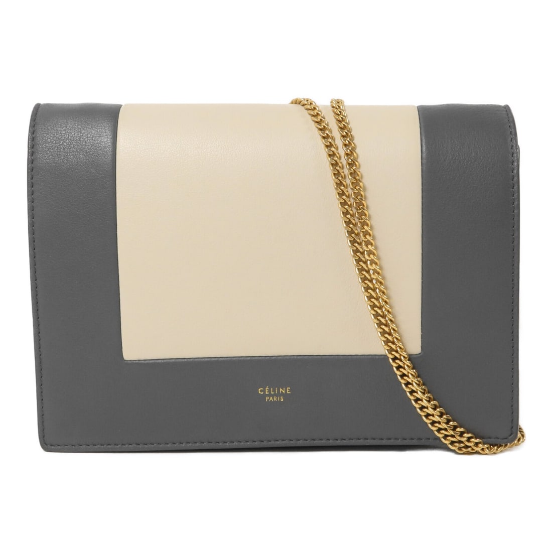 CELINE Frame Wallet on Chain Calfskin Shoulder Bag Gray White: CELINE Frame Wallet on Chain Calfskin Shoulder Bag Gray White Celine frame wallet on chain shoulder bag in gray and white calfskin leather. The bag features a hook button closure, an interior zip pock