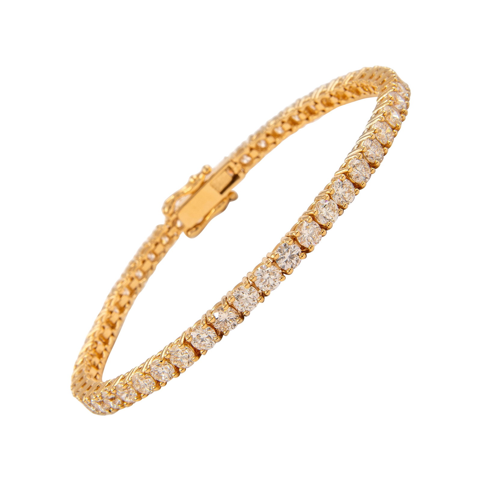 8.78ct Diamond Tennis Bracelet in 18k Yellow Gold: 8.78ct Diamond Tennis Bracelet in 18k Yellow Gold This exquisite 8.78ct diamond tennis bracelet is crafted from luxurious 18k yellow gold, featuring 49 round brilliant diamonds totaling 8.78 carats. T