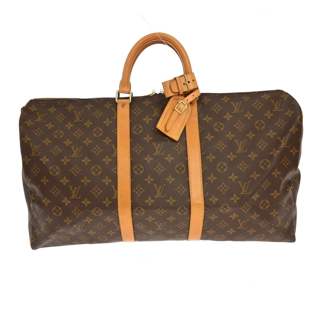 Louis Vuitton Keepall 55 Monogram Duffle Bag M41424 France: Louis Vuitton Keepall 55 Monogram Duffle Bag M41424 France Vintage Louis Vuitton Keepall 55 travel handbag in the Monogram pattern, made in France. This extra large duffle features a zip closure, doub