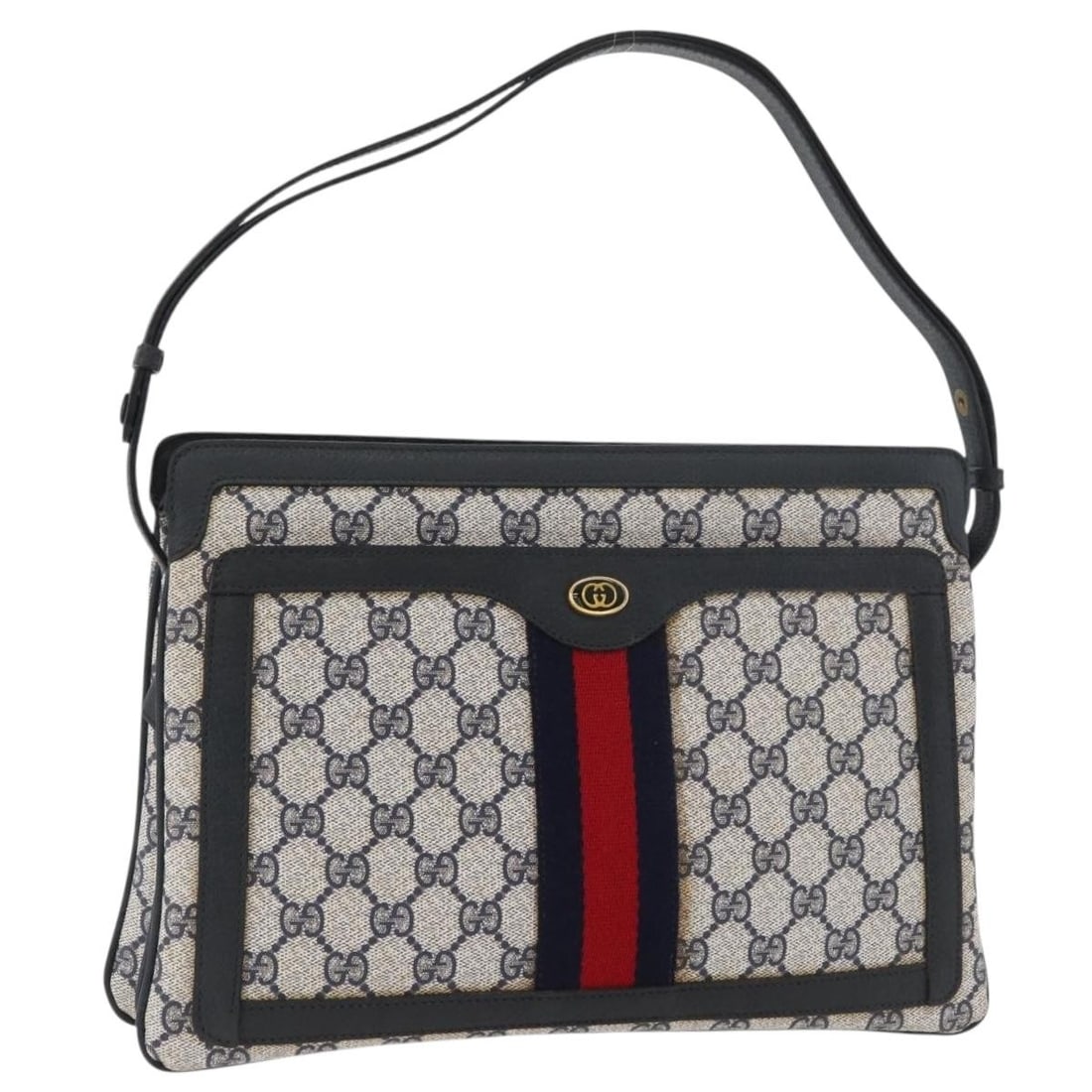 Gucci Sherry Line Navy Gold PVC Shoulder Bag: Gucci Sherry Line Navy Gold PVC Shoulder Bag This GUCCI GG Supreme Sherry Line shoulder bag features a navy and gold colorway with PVC leather and GG canvas construction. Designed for women, it offers