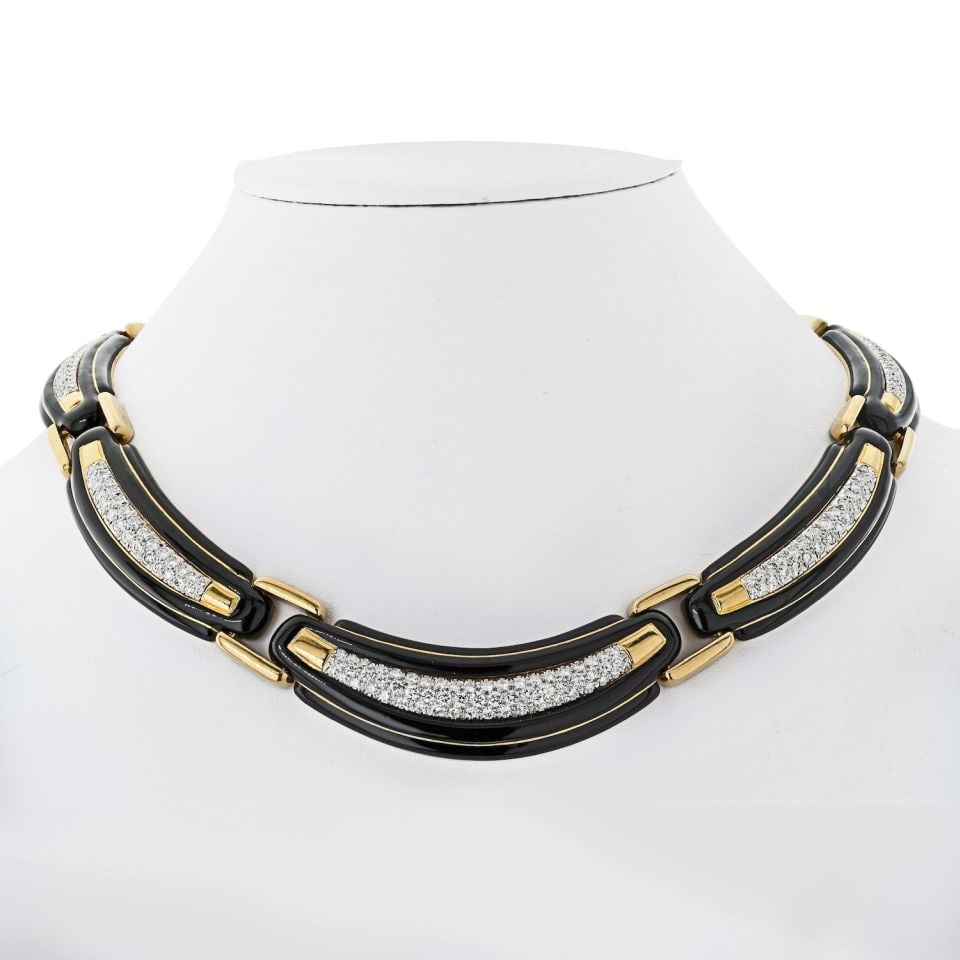David Webb 18K Yellow Gold Platinum Black Enamel Diamond Collar Necklace: David Webb 18K Yellow Gold Platinum Black Enamel Diamond Collar Necklace This stunning David Webb collar necklace is crafted from a combination of Platinum and 18K Yellow Gold, showcasing a luxurious 