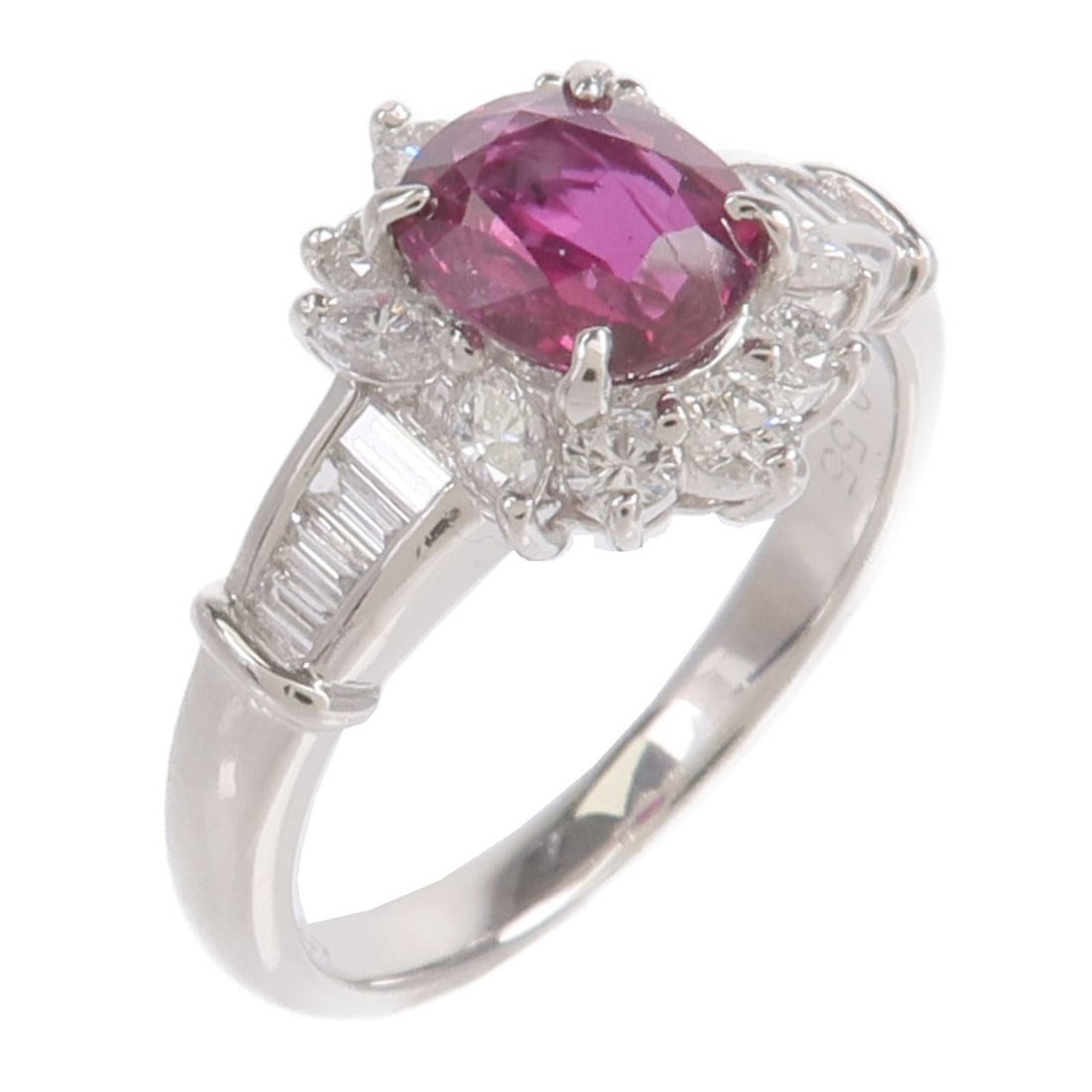 Pt900 Platinum Ruby Diamond Ring Size 6.5 1.326ct 0.55ct: Pt900 Platinum Ruby Diamond Ring Size 6.5 1.326ct 0.55ct Ruby and diamond ring in PT900 platinum, sized US 6.5. The ring features a ruby with vivid purplish red color and diamond accents, and comes wi