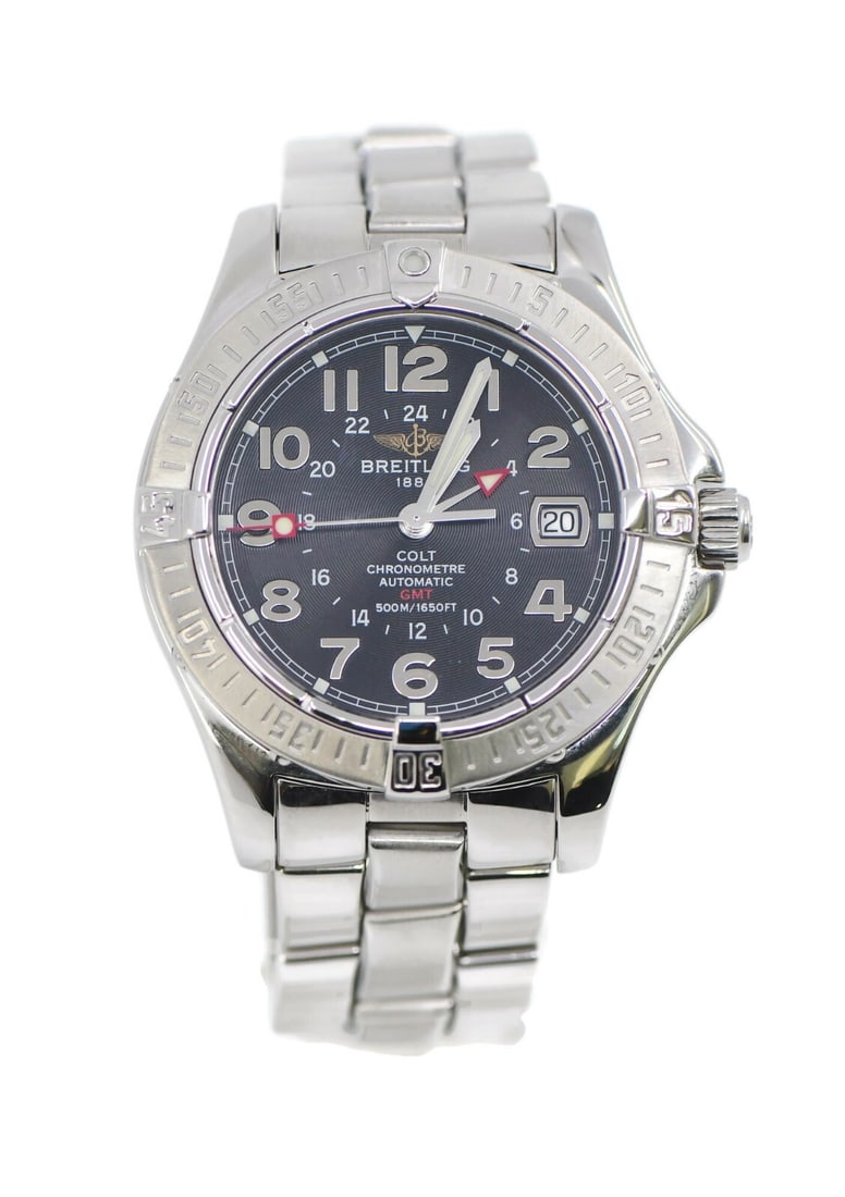 Breitling Colt GMT A32350 Stainless Steel Automatic Watch: Breitling Colt GMT A32350 Stainless Steel Automatic Watch Experience precision and style with the Breitling Colt GMT Stainless Steel Watch. This stunning wristwatch features a robust mechanical (autom