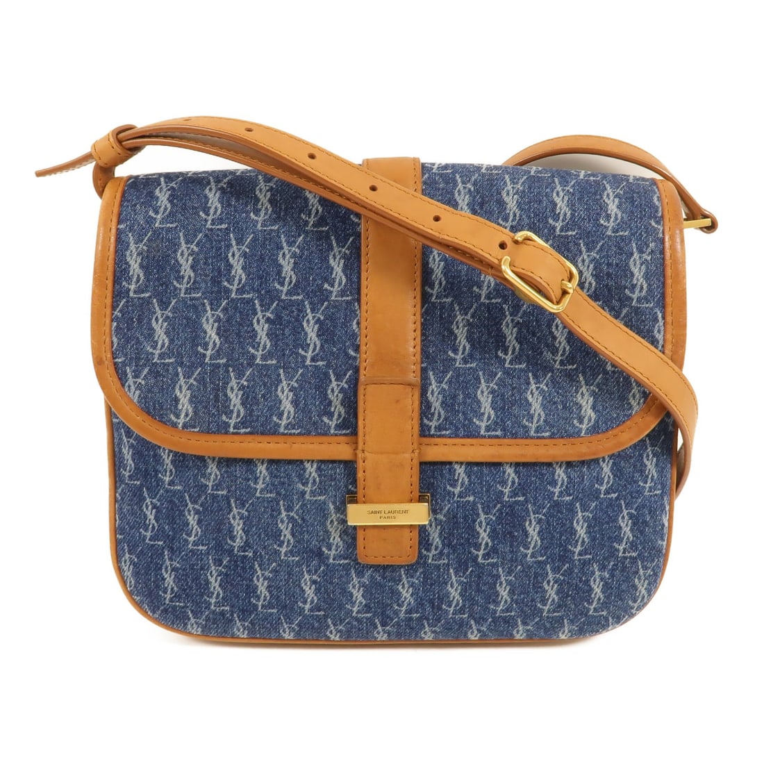 Saint Laurent Le Monogram Shoulder Bag Blue Denim Calfskin: Saint Laurent Le Monogram Shoulder Bag Blue Denim Calfskin A Saint Laurent Le Monogram shoulder bag in denim and calfskin leather, presented in a brown and blue color combination. It features a flap p