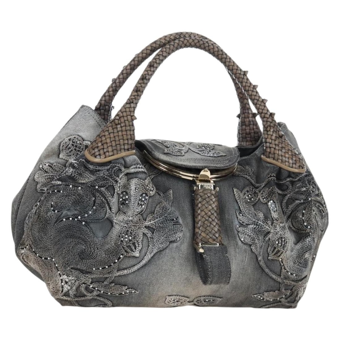 Fendi canvas shoulder bag gray and gold with dust bag: Fendi canvas shoulder bag gray and gold with dust bag FENDI shoulder bag in gray and gold canvas, made in Italy. It comes with a dust bag and features a shoulder drop of approximately 13 cm (5.1 in). 
