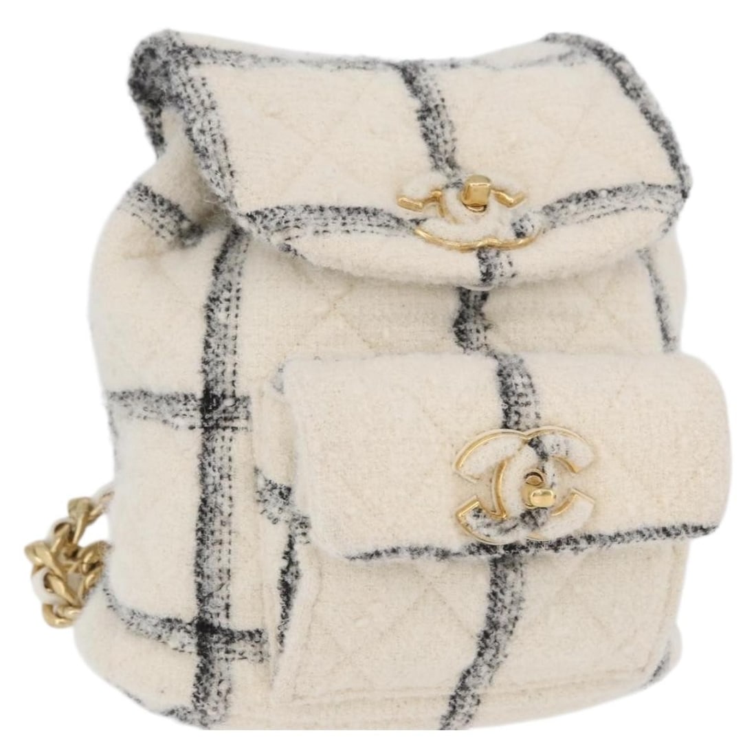CHANEL Matelasse Tweed Backpack White Gold CC Cotton: CHANEL Matelasse Tweed Backpack White Gold CC Cotton Chanel Matelasse chain backpack in white and gold cotton with CC detailing. Made in Italy, this women's backpack includes a dust bag. Condition is 