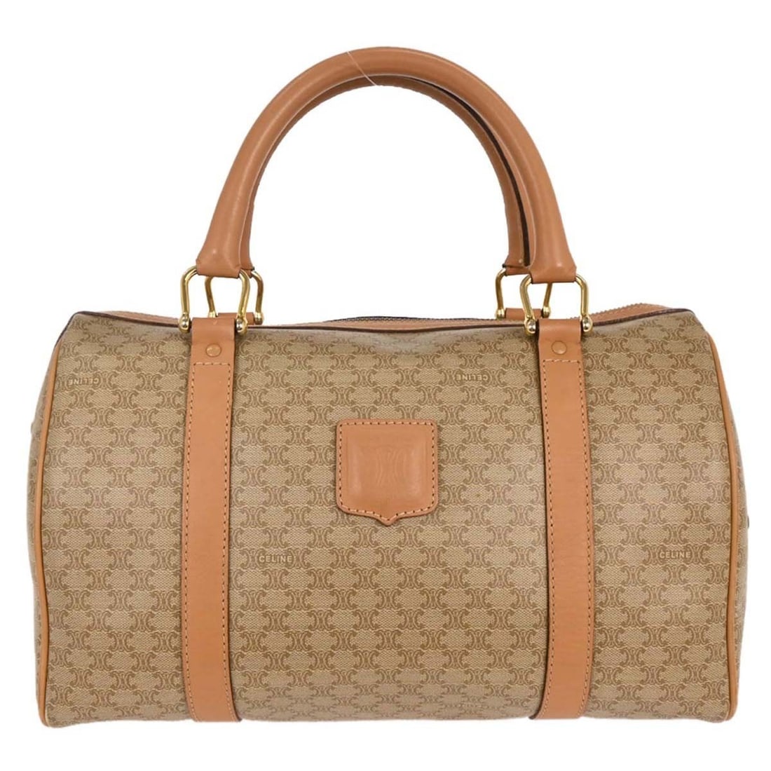 CELINE Macadam Medium Duffle Handbag Beige PVC Leather Italy: CELINE Macadam Medium Duffle Handbag Beige PVC Leather Italy Celine Macadam duffle handbag in beige and brown with PVC and leather construction, double handles, and a zip closure. This medium handbag 