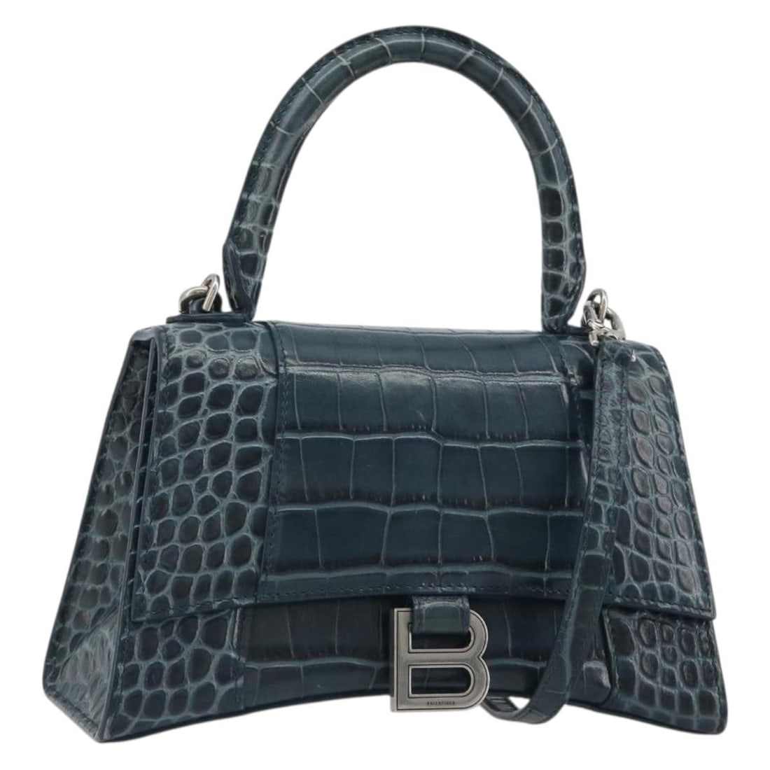 Balenciaga Hour 2way Leather Handbag Navy Silver 593546: Balenciaga Hour 2way Leather Handbag Navy Silver 593546 Balenciaga Hour Hand Bag in navy and silver leather, designed as a 2-way handbag with a shoulder strap. It comes with a dust bag and shoulder st