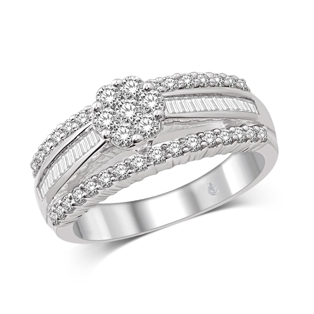 14K White Gold 3 Ct.Tw. Diamond Engagement Ring: 14K White Gold 3 Ct.Tw. Diamond Engagement Ring This eye-catching ring is available in 14K White Gold. There are 61 round / straight baguette diamonds with a total carat weight of 3 Ct.Tw. set in a ch