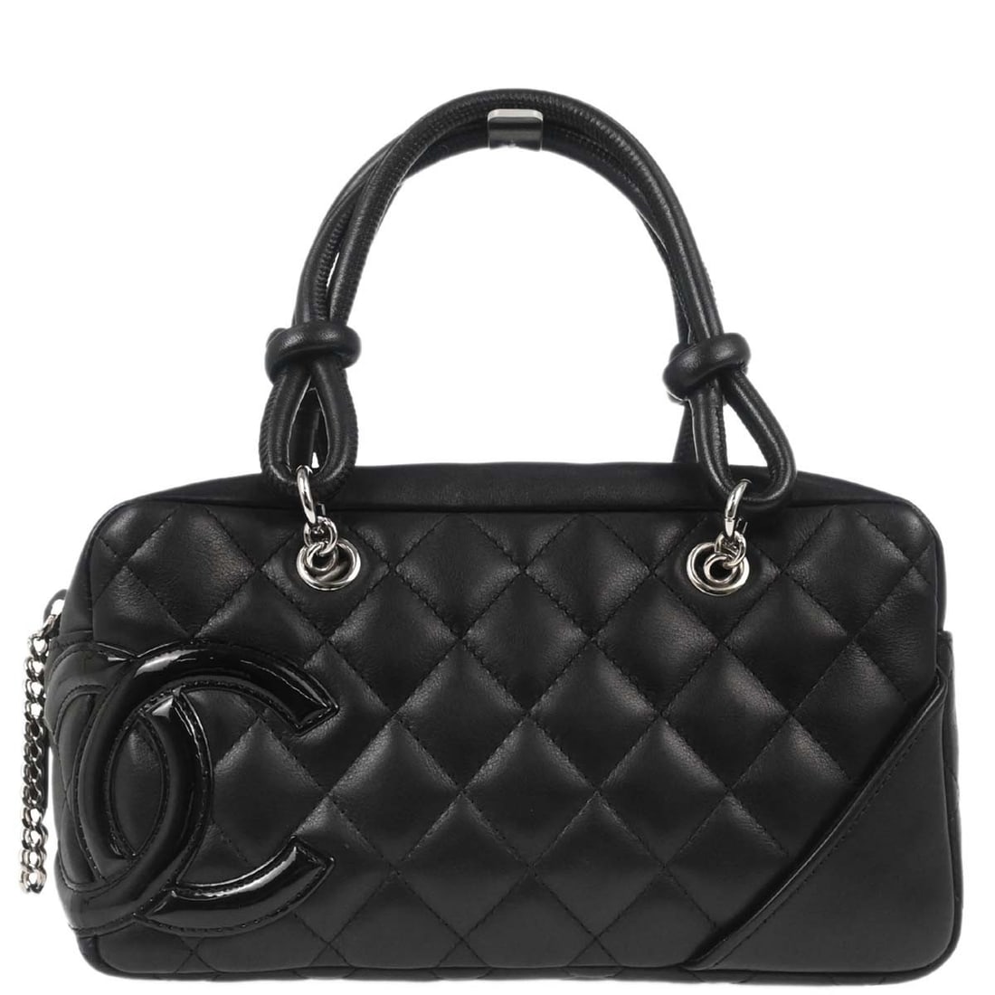 CHANEL Cambon Ligne Mini Top Handle Bag Black Calfskin Quilted: CHANEL Cambon Ligne Mini Top Handle Bag Black Calfskin Quilted A Chanel Cambon Ligne top handle bag in black calfskin leather with a quilted matelasse finish. It features double handles, silver-tone h