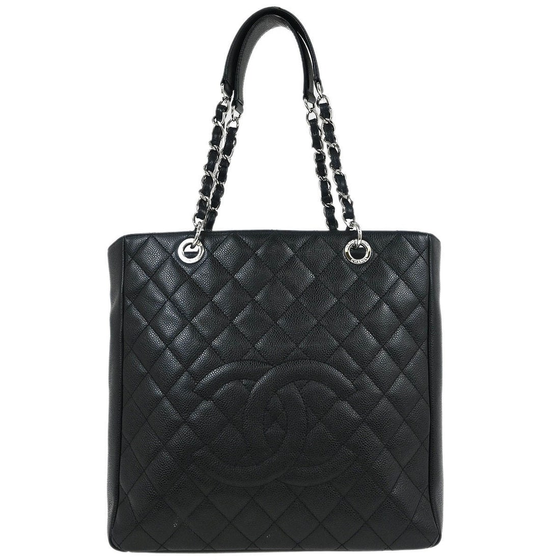 CHANEL Caviar Skin Leather Tote Bag with Chain Handles Black: CHANEL Caviar Skin Leather Tote Bag with Chain Handles Black Black Chanel tote chain handbag crafted from caviar skin leather with double handles and logo accents. This medium tote features one exteri