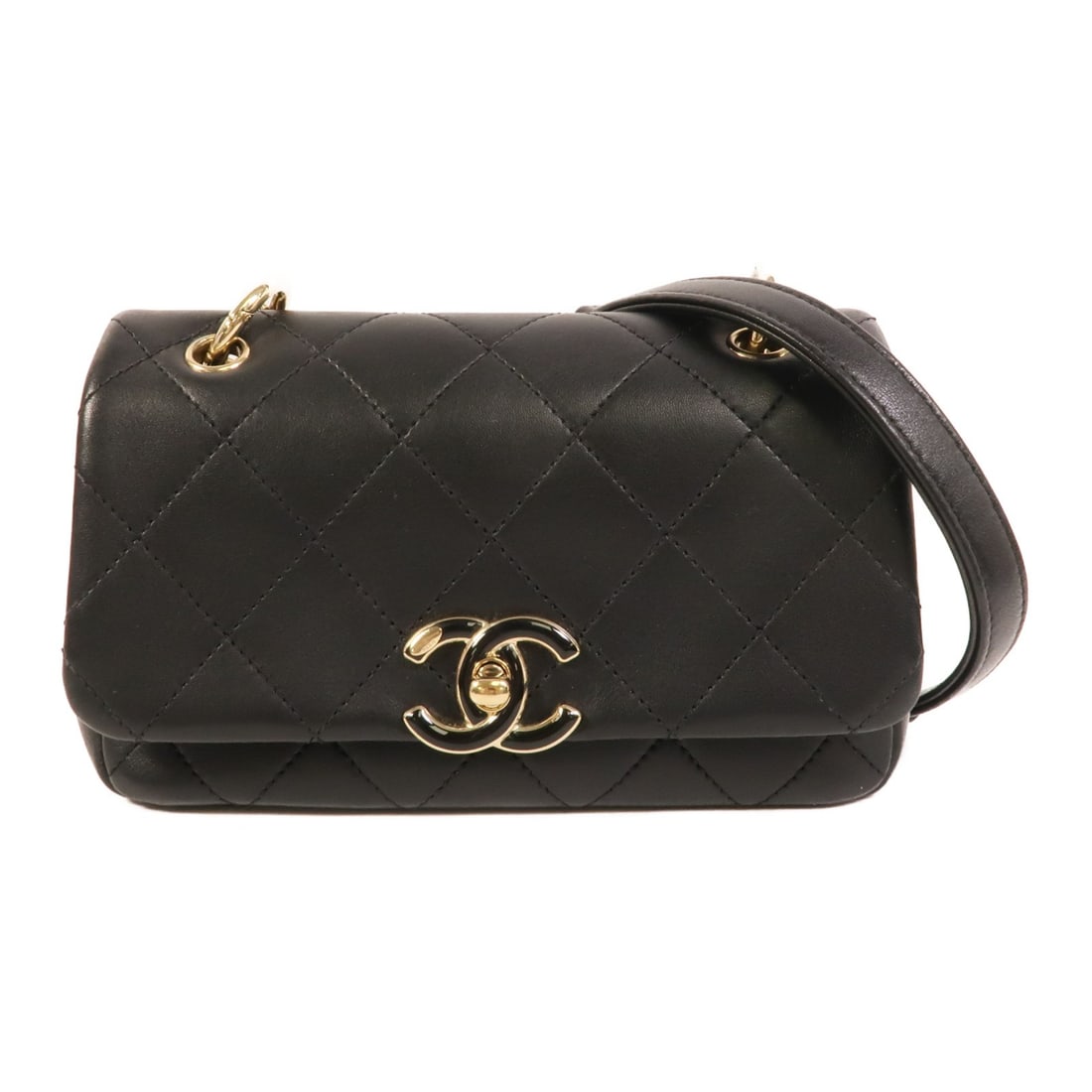 CHANEL AS2317 Lambskin Chain Shoulder Bag Black CC GHW: CHANEL AS2317 Lambskin Chain Shoulder Bag Black CC GHW Black CHANEL CC chain shoulder bag crafted in lambskin (sheep leather) with gold-tone hardware. It features a turn lock closure, one inside card 