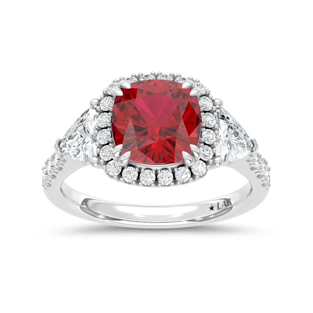 14K White Gold Lab Grown Diamond 4 Ct.Tw. Cushion Shape Recrystalized Ruby Engagement Ring (Center 2: 14K White Gold Lab Grown Diamond 4 Ct.Tw. Cushion Shape Recrystalized Ruby Engagement Ring (Center 2 3/4 ct) Exude elegance with this 14K white gold engagement ring, featuring a brilliant 2 3/4 ct cus