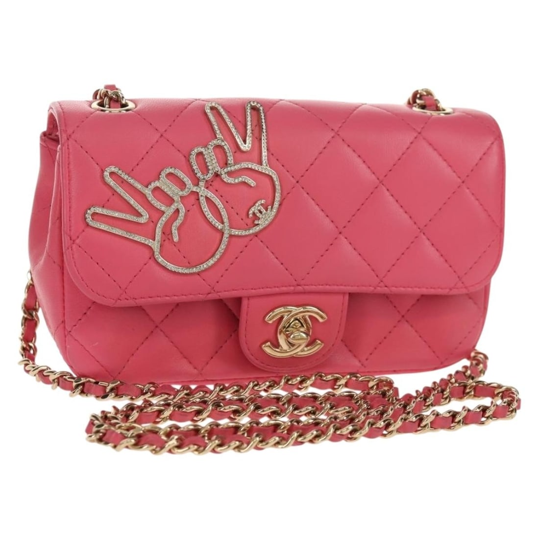 Chanel Matelasse Lamb Skin Shoulder Bag Pink Gold Tone Dust Bag: Chanel Matelasse Lamb Skin Shoulder Bag Pink Gold Tone Dust Bag A CHANEL Matelasse Chain Shoulder Bag in pink lamb skin with gold-tone accents. This shoulder bag is made in Italy and comes with a dust