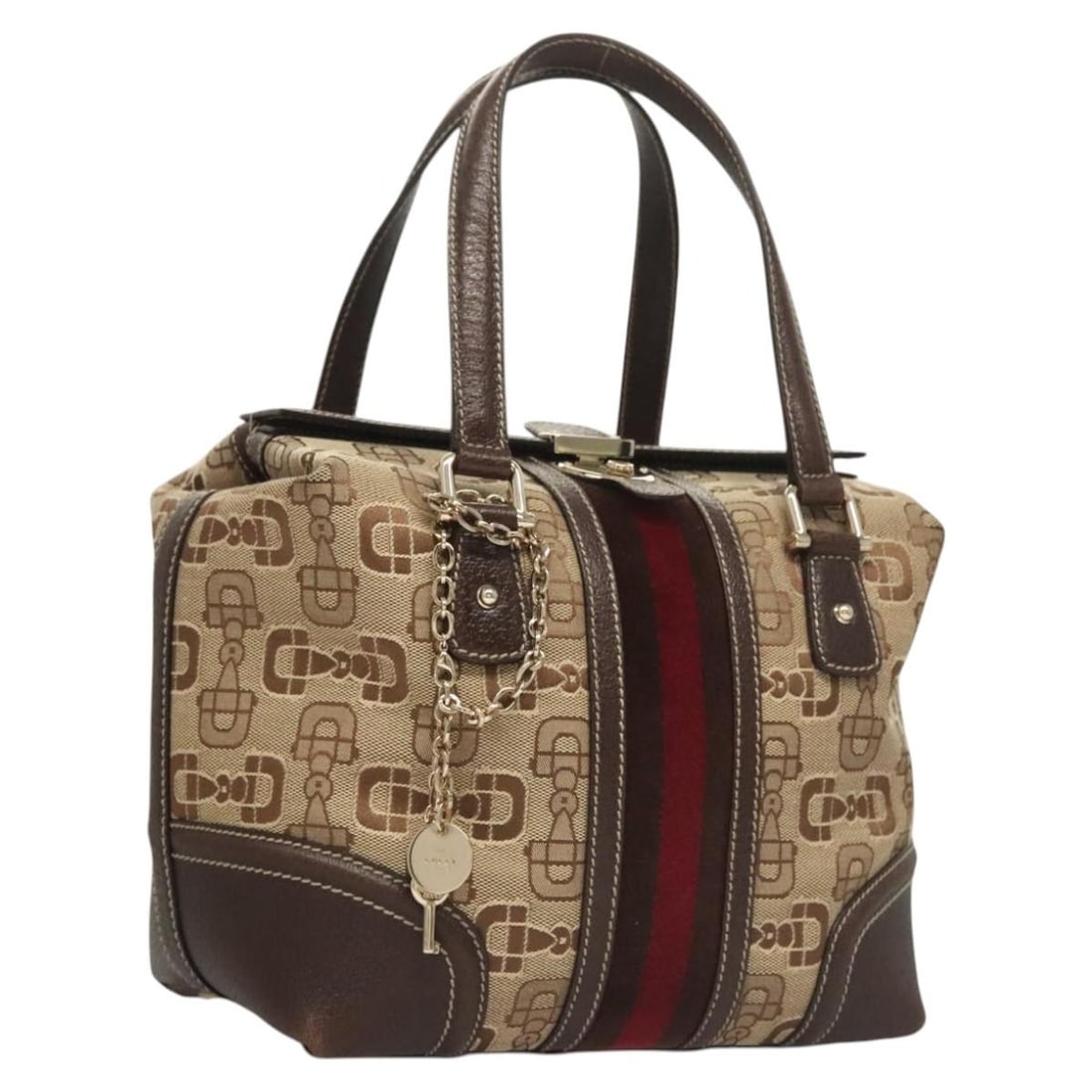 Gucci 146002 Canvas Hand Bag Brown Gold Tone with Dust Bag: Gucci 146002 Canvas Hand Bag Brown Gold Tone with Dust Bag Brown and gold Gucci hand bag in canvas, made in Italy. It comes with a dust bag and one key. The bag is described as Rank B with reasonable 