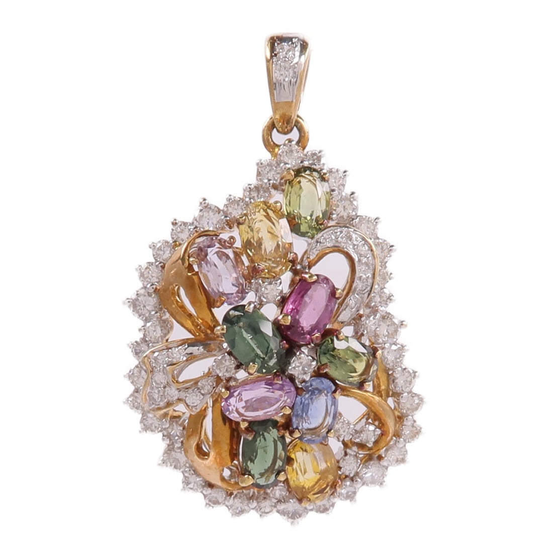 18K Yellow White Gold Pendant Top with Diamond Color Stone: 18K Yellow White Gold Pendant Top with Diamond Color Stone Pendant top in K18 yellow gold and K18WG white gold with diamond and color stone accents. Designed for women, this piece is described as clea