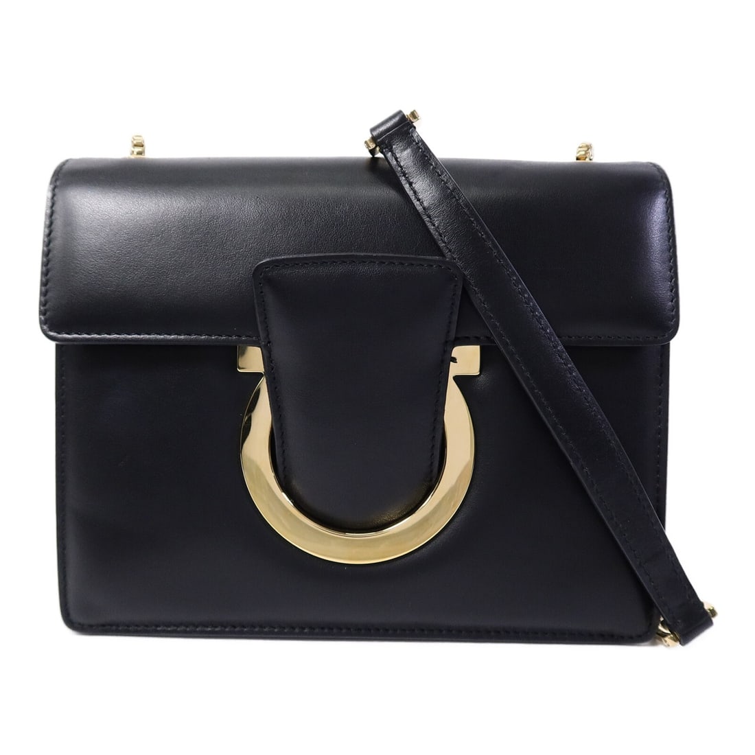 Salvatore Ferragamo Black Calfskin Shoulder Bag with Chain Strap: Salvatore Ferragamo Black Calfskin Shoulder Bag with Chain Strap A Salvatore Ferragamo women's shoulder bag in black calfskin (cowhide) leather with a chain strap. It features a magnetic pocket and on