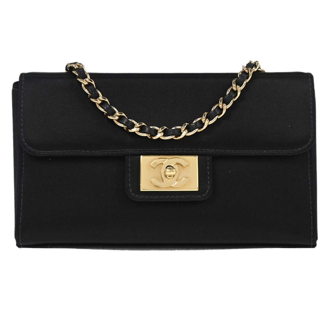 CHANEL small black satin shoulder bag with logo: CHANEL small black satin shoulder bag with logo Chanel black satin vanity shoulder bag in small size, made in France. It features a black satin exterior with logo accent details, one outside pocket an