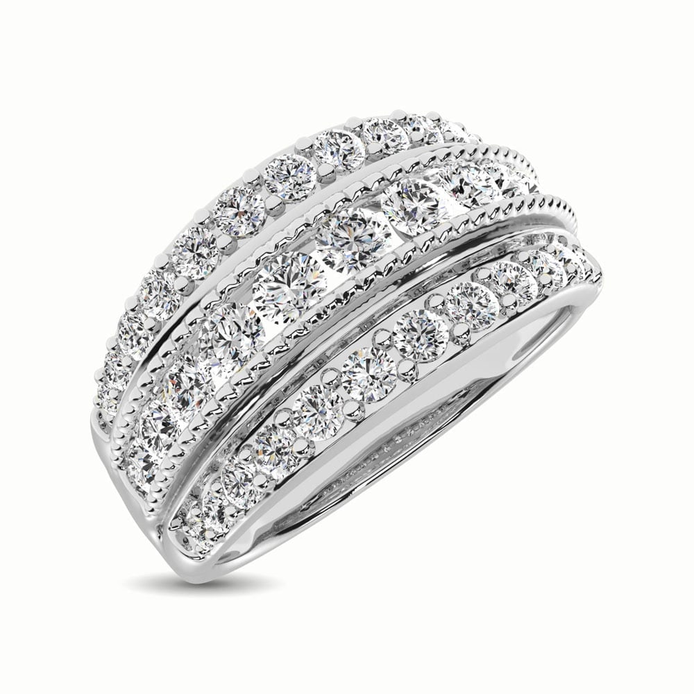 14K White Gold 1 Ct.Tw. Diamond Fashion Ring: 14K White Gold 1 Ct.Tw. Diamond Fashion Ring This eye-catching ring is available in 14K White Gold. There are 37 round diamonds with a total carat weight of 1 Ct.Tw. set in a Channel/Prong setting. 14